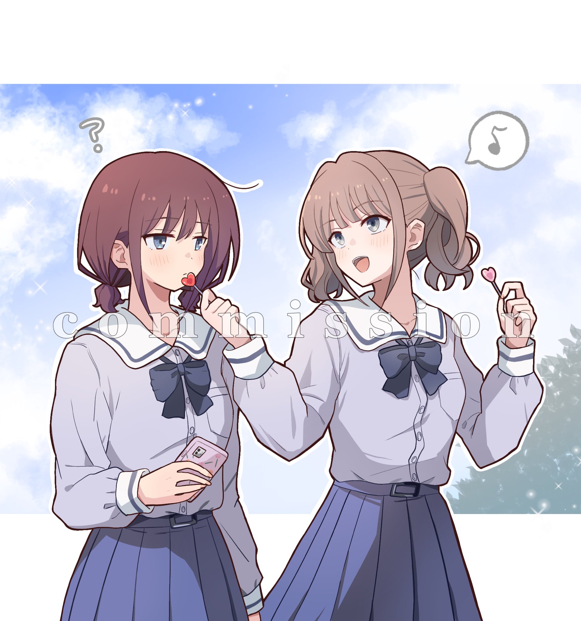 lemoontya, hina (girls band cry), iseri nina, girls band cry, commentary request, commission, highres, 2girls, ?, blue bow, blue bowtie, blue eyes, blue shirt, blue skirt, bow, bowtie, brown hair, candy, closed mouth, dress shirt, feeding, food, grey eyes, heart, heart-shaped food, heart-shaped lollipop, lollipop, low twintails, multiple girls, musical note, open mouth, outline, pleated skirt, school uniform, shaped lollipop, shirt, short hair, short twintails, skirt, spoken musical note, teeth, twintails, upper teeth only, white outline, yuri