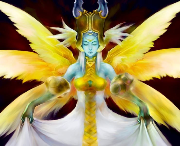 fm77 (artist), ultima (ff xii), ultima (ffta), final fantasy, final fantasy tactics, final fantasy tactics advance, final fantasy xii, ultima, psychic, bad id, bad pixiv id, 00s, 1girl, angel, angel wings, blue skin, closed eyes, clothes lift, colored skin, dress, dress lift, feathered wings, female focus, head wings, monster girl, multiple wings, seraph, skirt hold, solo, white hair, wings