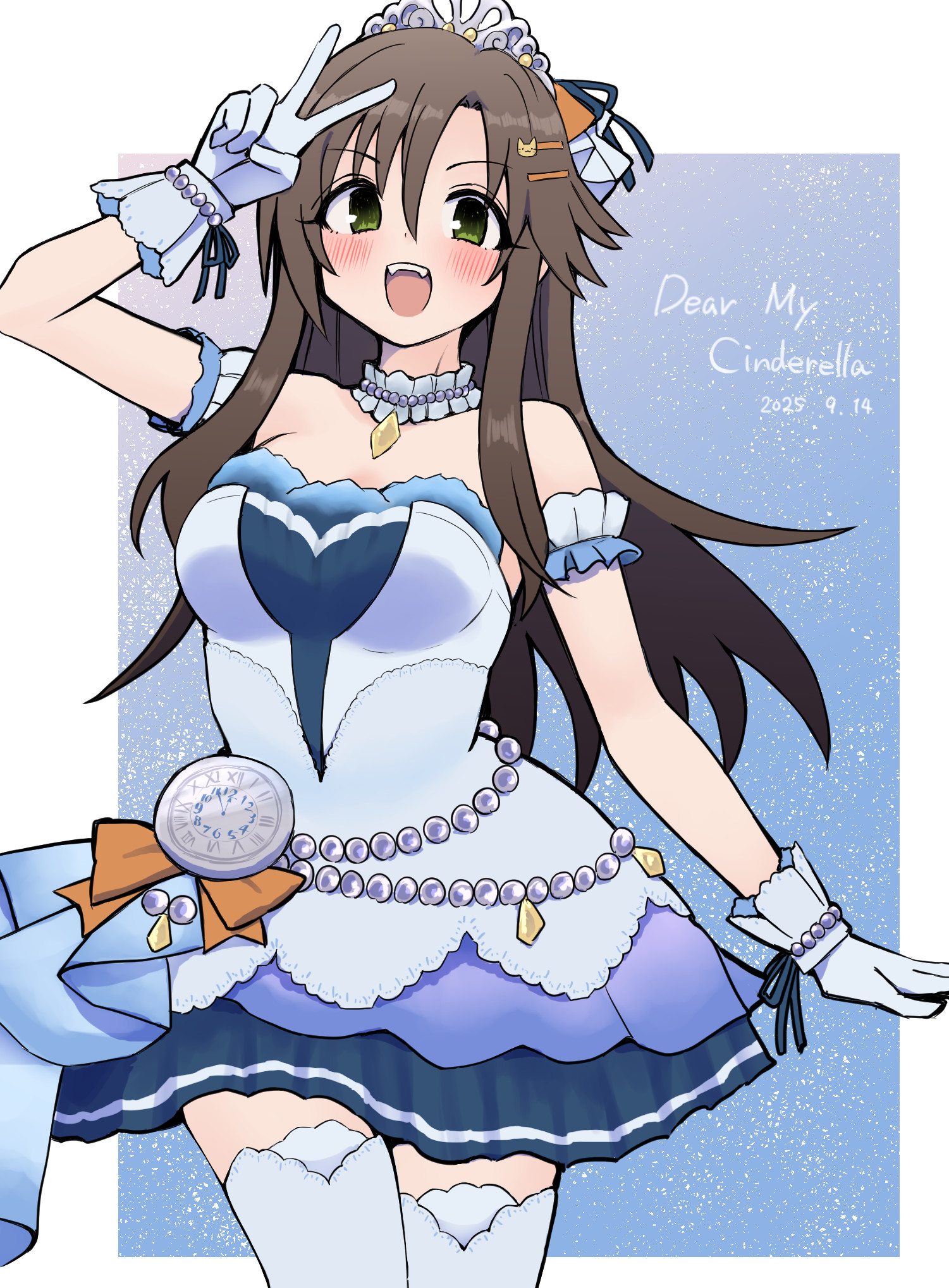 kotaro, himekawa yuki, idolmaster, idolmaster cinderella girls, highres, 1girl, arm up, breasts, brown hair, choker, dated, dress, frilled choker, frills, full body, gloves, green eyes, hair flaps, looking at viewer, medium breasts, official alternate costume, shoes, solo, starry sky bright (idolmaster), straight hair, strapless, strapless dress, thighhighs, tiara, v, white dress, white gloves, white shoes, white thighhighs