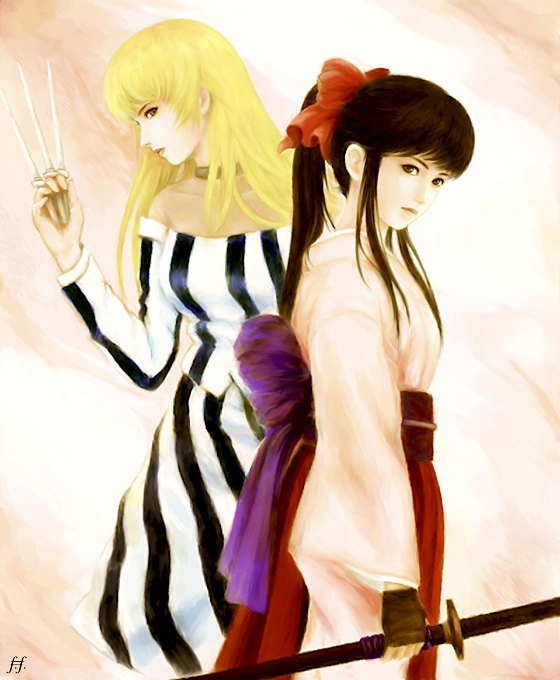 fm77 (artist), ratchet altair, shinguuji sakura, sakura taisen, 00s, 2girls, black hair, blonde hair, blue eyes, bow, brown eyes, dress, japanese clothes, katana, kimono, knife, long hair, multiple girls, ponytail, red bow, sword, weapon