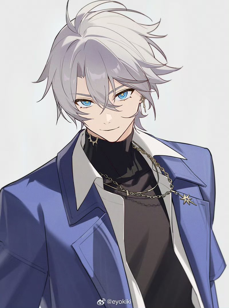 eyokiki, phainon (honkai: star rail), phainon (luckin coffee) (honkai: star rail), honkai: star rail, honkai (series), commentary request, 1boy, black shirt, blue eyes, blue jacket, closed mouth, crossed bangs, hair between eyes, jacket, jewelry, lapels, looking at viewer, male focus, necklace, notched lapels, official alternate costume, open clothes, open jacket, open shirt, shirt, simple background, smile, solo, turtleneck, upper body, weibo username, white background, white hair