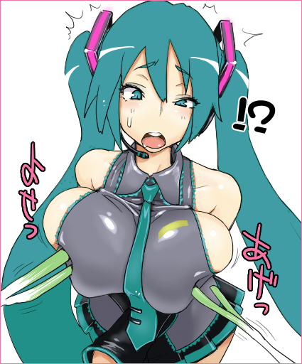 ogata mamimi, suginami sakura, hatsune miku, vocaloid, !?, 00s, 1girl, alternate breast size (larger), aqua eyes, aqua hair, bare shoulders, blush, breasts, detached sleeves, female focus, huge breasts, long hair, necktie, poking, poking another's breast, pov, skirt, solo, spring onion, surprised, twintails