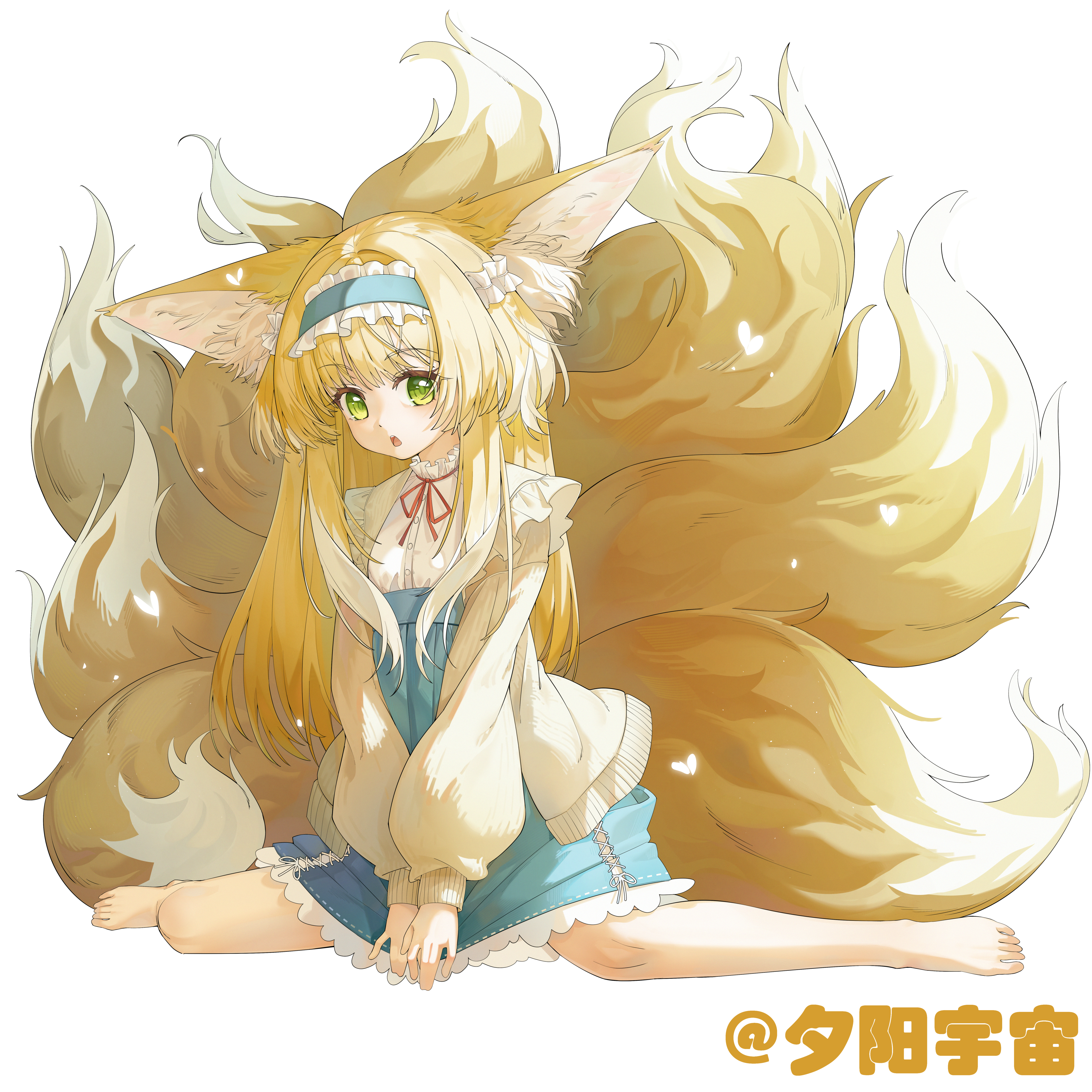suzuran (arknights), arknights, absurdres, highres, 1girl, animal ears, barefoot, blonde hair, cardigan, cross-laced clothes, cross-laced skirt, fox ears, fox girl, fox tail, frilled hairband, frills, green eyes, hairband, high-waist skirt, kitsune, kyuubi, long hair, long sleeves, multiple tails, neck ribbon, official alternate costume, open cardigan, open clothes, puffy long sleeves, puffy sleeves, red ribbon, ribbon, shirt, simple background, sitting, skirt, solo, tail, white background, white shirt, xiyangyuzhou, yellow cardigan