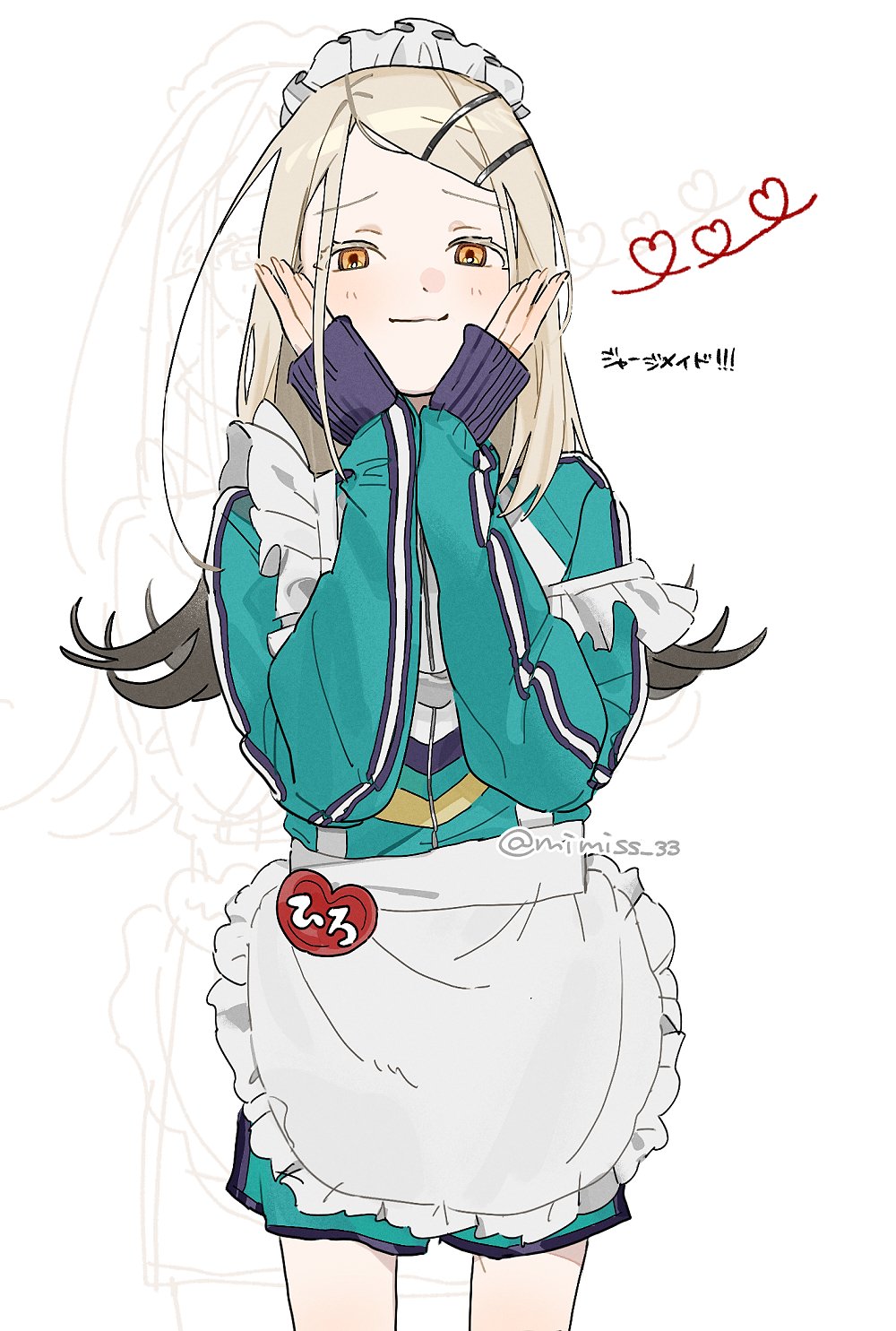 shinosawa hiro, gakuen idolmaster, idolmaster, hashtag-only commentary, highres, translation request, 1girl, alternate costume, apron, blonde hair, blush, enmaided, flipped hair, frilled apron, frills, gradient hair, green jacket, green shorts, grey hair, hands on own cheeks, hands on own face, heart, jacket, jersey maid, light smile, long hair, looking at viewer, maid, maid apron, maid headdress, mimiss 33, multicolored hair, name tag, orange eyes, shorts, solo, swept bangs, track jacket, unconventional maid