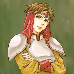 k1, kiichi (9ta), cleo, cleo (suikoden), gensou suikoden, gensou suikoden i, lowres, 1girl, armor, blue eyes, brown hair, female focus, short hair, solo