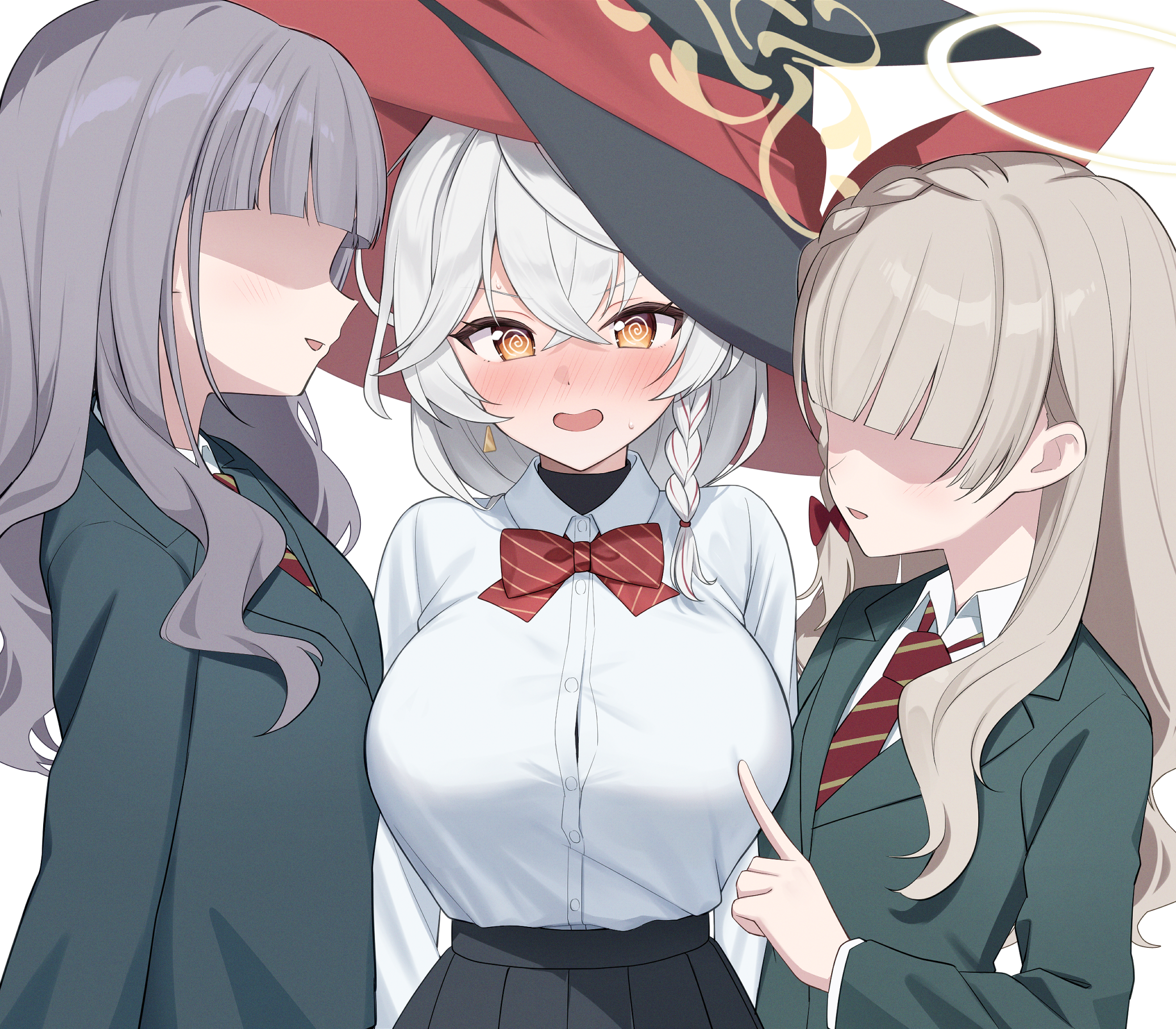 mochiko (uyu omochi), eri (blue archive), blue archive, commentary request, highres, 3girls, @ @, black hat, black skirt, blunt bangs, blush, bow, bowtie, braid, breasts, button gap, diagonal-striped bow, diagonal-striped bowtie, diagonal-striped clothes, diagonal-striped necktie, dress shirt, faceless, faceless female, female pervert, grey hair, halo, hat, large breasts, long hair, multicolored hair, multiple girls, necktie, nose blush, orange eyes, pervert, pleated skirt, poking another's breast, red bow, red bowtie, red hair, red necktie, sexual harassment, shirt, shirt tucked in, simple background, single braid, skirt, smile, streaked hair, striped bow, striped bowtie, striped clothes, two-tone hair, undershirt, white background, white shirt, wildhunt art academy student (ar) (blue archive), wildhunt art academy student (smg) (blue archive), witch hat, yuri