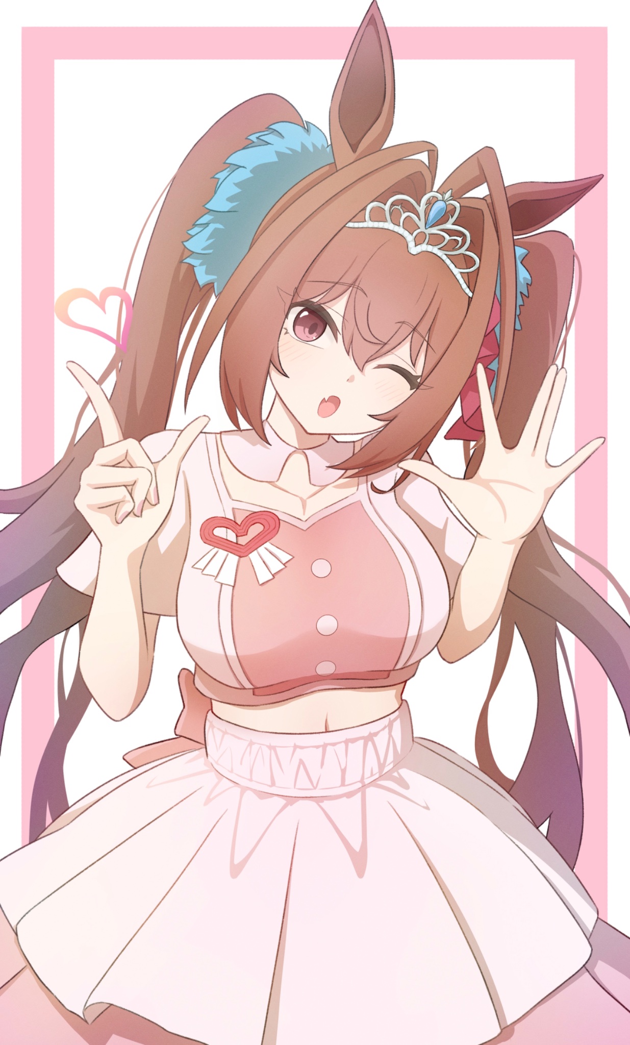 horus furefure, daiwa scarlet (umamusume), umamusume, highres, 1girl, ;o, animal ears, border, breasts, brown hair, cropped shirt, fang, hair between eyes, hair intakes, horse ears, horse girl, large breasts, long hair, looking at viewer, meni shuki rush-sshu!, midriff, one eye closed, open mouth, pink border, pink shirt, pink skirt, red eyes, shirt, simple background, skin fang, skirt, solo, twintails, very long hair, white background