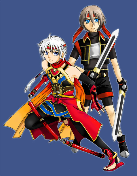 moon source, freyjadour falenas, lazlo (gensou suikoden), gensou suikoden, gensou suikoden iv, gensou suikoden v, 2boys, blue background, dual wielding, full body, holding, male focus, multiple boys, staff, sword, three section staff, weapon