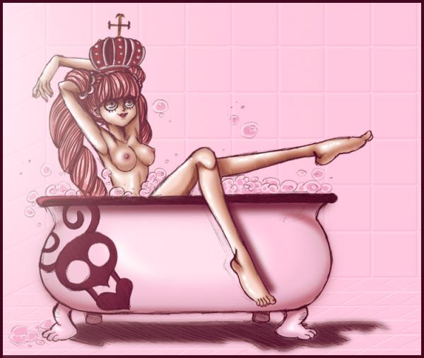 perona, one piece, 1girl, barefoot, bath, bathtub, breasts, bubble, claw foot bathtub, crown, drill hair, female focus, hat, long hair, medium breasts, pink hair, red crown, ruffling hair, smile, solo, twintails