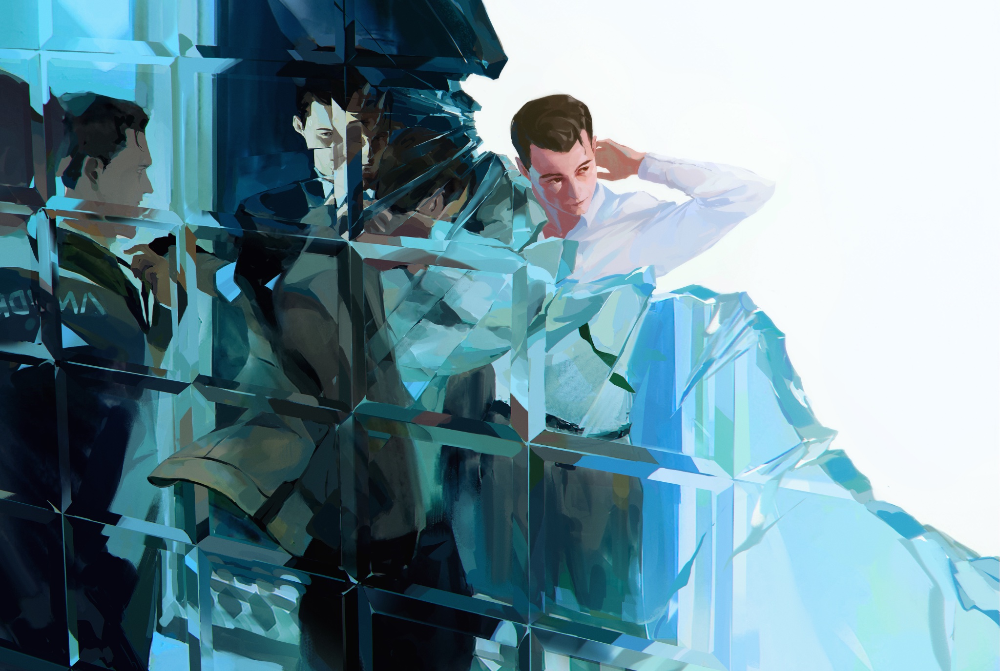 connor (detroit), detroit: become human, commentary, english commentary, highres, arm up, belt, black belt, black jacket, brown eyes, brown hair, closed mouth, collared shirt, crack, cracked glass, grey jacket, grey pants, jacket, jacket partially removed, layered sleeves, long sleeves, looking to the side, male focus, nablastria, pants, shirt, shirt tucked in, white background, white shirt, wing collar