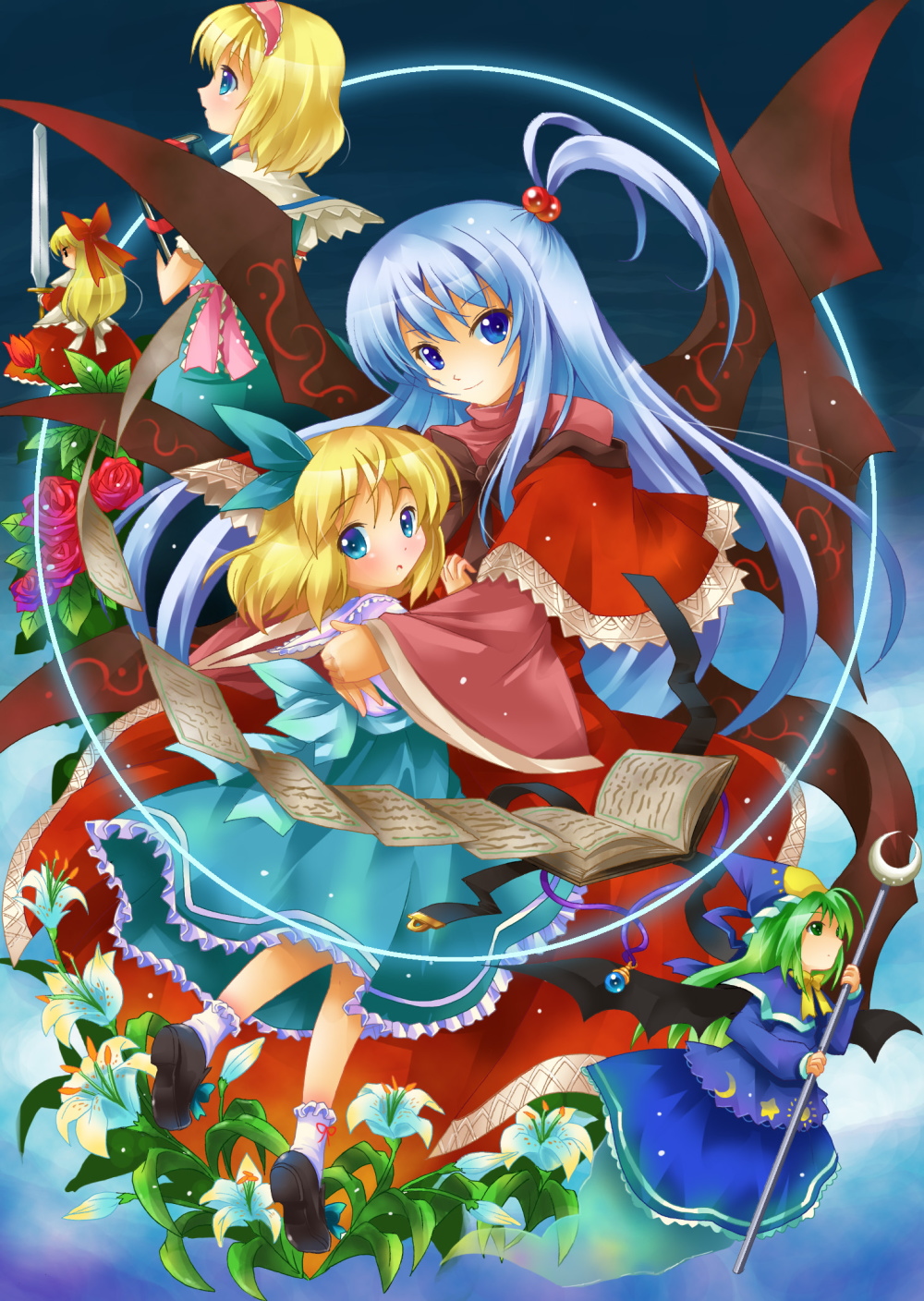 michii yuuki, alice margatroid, alice margatroid (pc-98), mima (touhou), shinki (touhou), mystic square, touhou, touhou (pc-98), black footwear, bad id, bad pixiv id, highres, 4girls, aqua bow, aqua eyes, aqua ribbon, aqua skirt, bat wings, blonde hair, blue eyes, blue hair, blue hat, blue ribbon, blue shirt, blue skirt, blush, book, bow, bowtie, capelet, child, circle, closed mouth, doll, dress, female focus, flower, flying paper, frilled skirt, frills, full body, ghost tail, green eyes, green hair, hair ribbon, hairband, hat, hat ribbon, hug, lily (flower), long hair, long sleeves, looking at viewer, multiple girls, open book, paper, pink hairband, red dress, red flower, red rose, ribbon, rose, sash, shirt, shoes, short hair, skirt, socks, staff, star (symbol), star print, sword, weapon, wide sleeves, wings, wizard hat, yellow bow, yellow bowtie