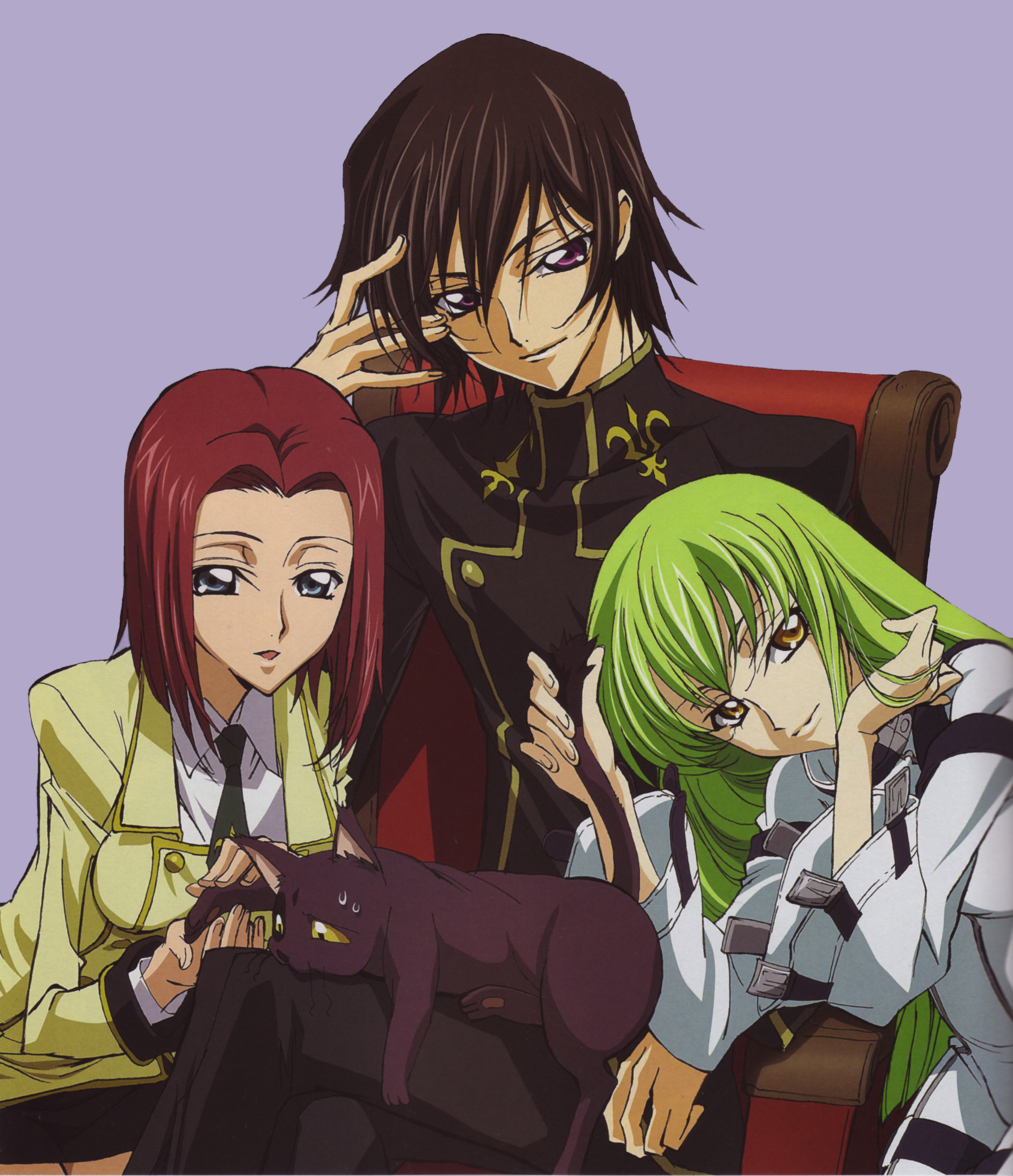 sakou yukie, arthur (code geass), c.c., kouzuki kallen, lelouch vi britannia, code geass, hand on head, absurdres, highres, scan, 00s, 1boy, 2girls, black hair, blazer, blue eyes, cat, chair, girl sandwich, green hair, head tilt, holding another's tail, jacket, kneeling, leaning forward, long hair, multiple girls, necktie, purple eyes, red hair, sandwiched, school uniform, short hair, sitting, sitting on lap, sitting on person, skirt, smile, straitjacket, sweatdrop, tail, tail grab, very long hair, yellow eyes