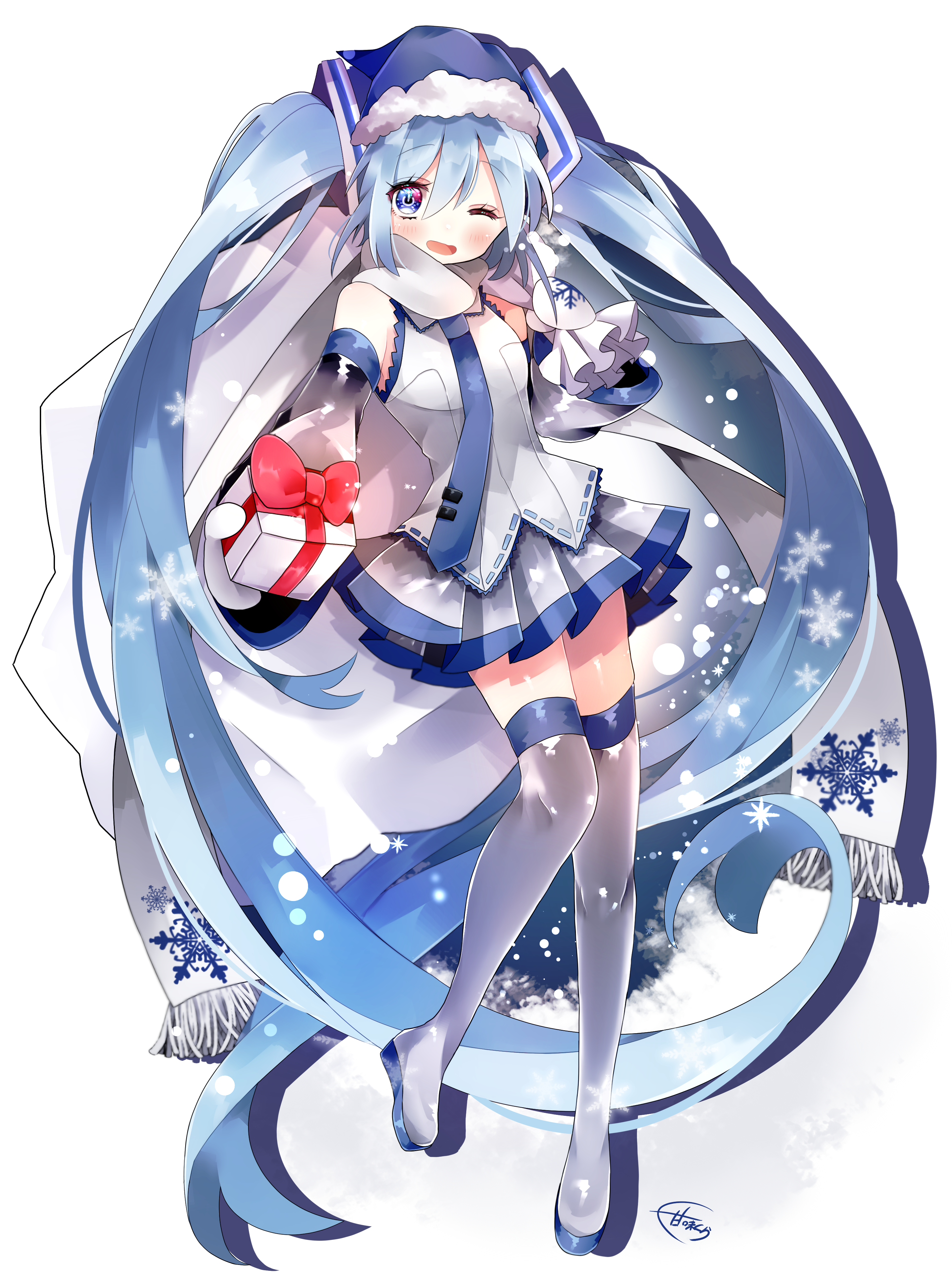 koyubisennti, hatsune miku, yuki miku, yuki miku (2011), vocaloid, absurdres, highres, 1girl, aqua hair, bag, blue eyes, blue trim, blush, boots, box, detached sleeves, fur trim, gift, gift box, grey skirt, hat, holding, holding bag, holding gift, incoming gift, long hair, long sleeves, looking at viewer, mittens, official alternate costume, one eye closed, open mouth, pleated skirt, santa hat, scarf, skirt, smile, snowflake print, solo, thigh boots, thighhighs, twintails, very long hair, white mittens, white scarf, wide sleeves, zettai ryouiki