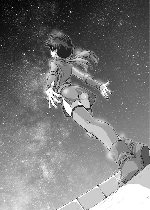 kedo mitsuharu, kasumi (suikoden), gensou suikoden, gensou suikoden i, gensou suikoden ii, 1girl, ass, female focus, greyscale, monochrome, night, night sky, ninja, short hair, sky, solo, thighhighs