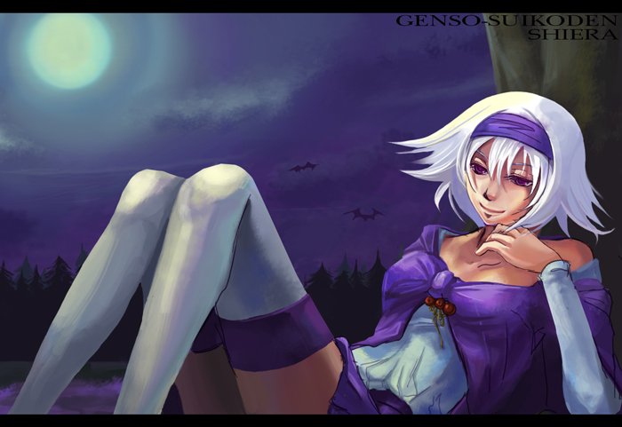 esmegu, moot, sierra mikain, gensou suikoden, gensou suikoden ii, silver hair, bat (animal), hairband, headband, lying, moon, purple eyes, short hair, skirt, solo, thighhighs, vampire, white thighhighs, zettai ryouiki