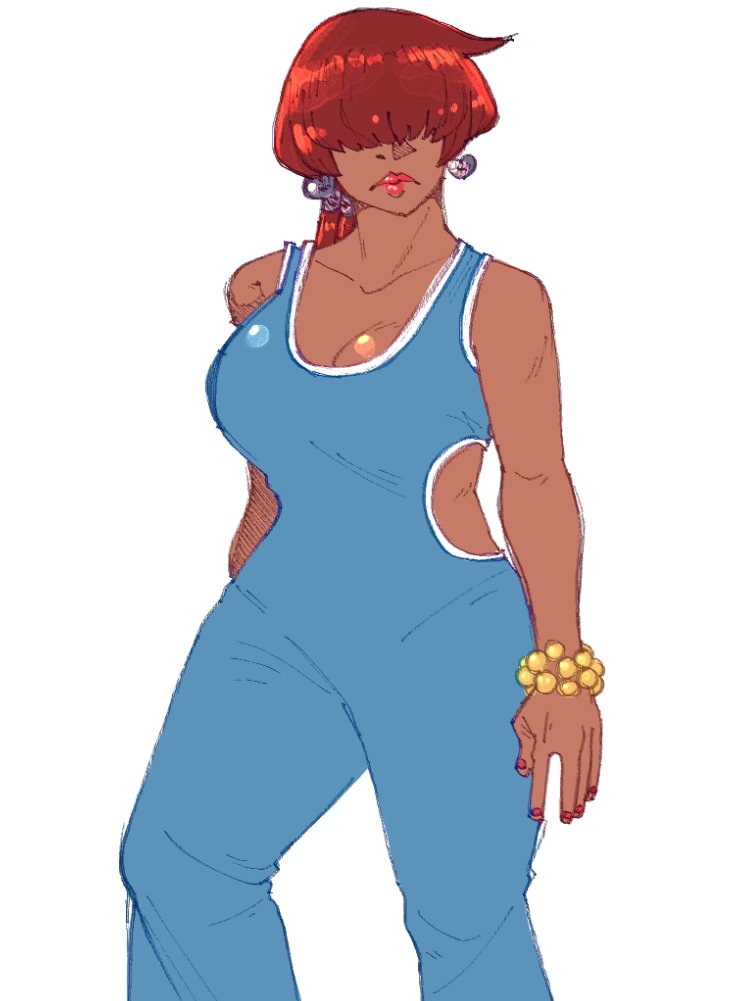 1shermieaday, shermie (kof), the king of fighters, 1girl, bodysuit, breasts, cleavage, curvy, dark-skinned female, dark skin, earrings, female focus, heart, huge breasts, jewelry, large breasts, long hair, red hair, standing, tan, thick lips, thick thighs, thighs, twintails, wide hips