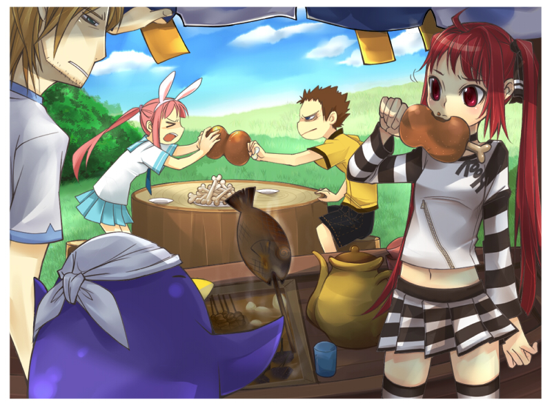 hana, lee byung hee, hana (pangya), kooh (pangya), max, max (pangya), nuri (pangya), pangya, 2boys, 2girls, animal ears, bird, blue hair, brown hair, cloud, day, eating, food, multiple boys, multiple girls, penguin, picnic, pink hair, rabbit ears, red eyes, red hair, skirt, sky, striped clothes, striped skirt, striped thighhighs, thighhighs, twintails