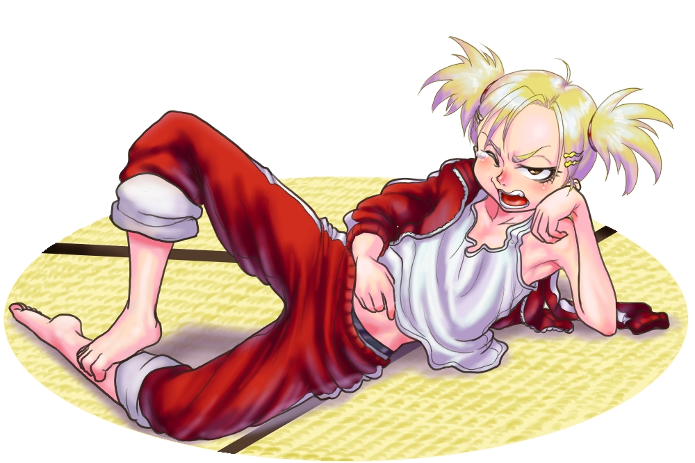 boro, sarugaki hiyori, bleach, 00s, 1girl, angry, armpits, barefoot, blonde hair, blush, boxers, feet, female focus, flat chest, hair ornament, hairclip, jacket, lying, male underwear, midriff, on side, scratches, scratching, short hair, sleepy, sleeves pushed up, solo, tank top, tatami, tears, track suit, twintails, underwear, undressing, wince