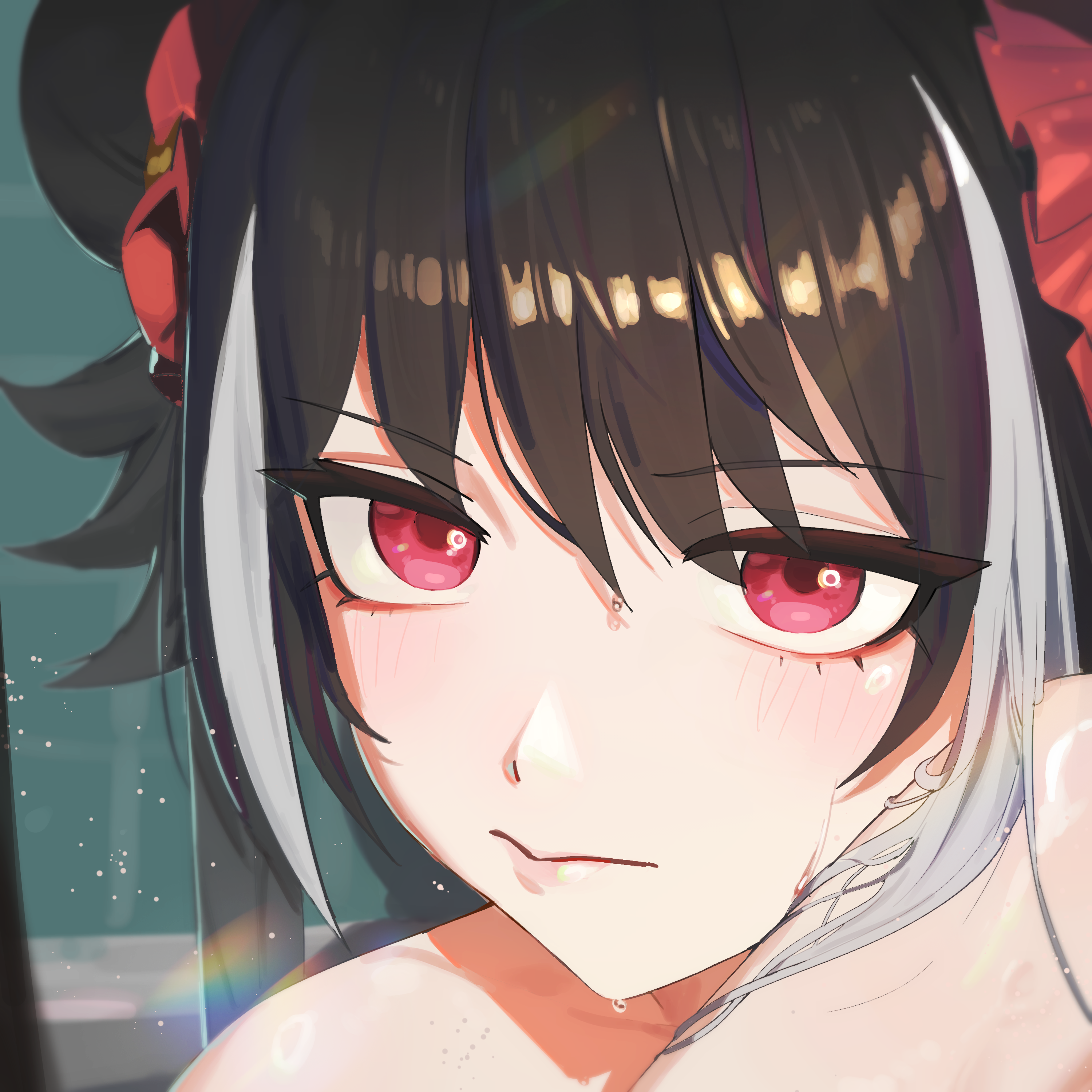 jochal, jia xichun (project moon), limbus company, project moon, absurdres, highres, 1girl, bare shoulders, black hair, close-up, closed mouth, collarbone, double bun, flipped hair, hair between eyes, hair bun, hair ornament, light blush, looking at viewer, multicolored hair, pink lips, portrait, red eyes, shiny skin, sidelocks, solo, sweat, v-shaped eyebrows, white hair