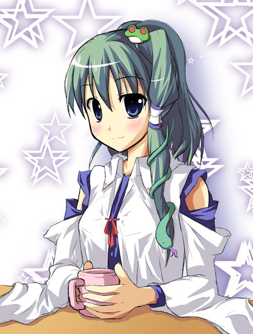 est (kinkyuu kaihi), kochiya sanae, touhou, 1girl, alternate hairstyle, blue eyes, blush, cup, detached sleeves, female focus, frog hair ornament, green hair, hair ornament, hair tubes, japanese clothes, long hair, miko, side ponytail, sitting, snake, snake hair ornament, solo, star (symbol), star symbol background, table