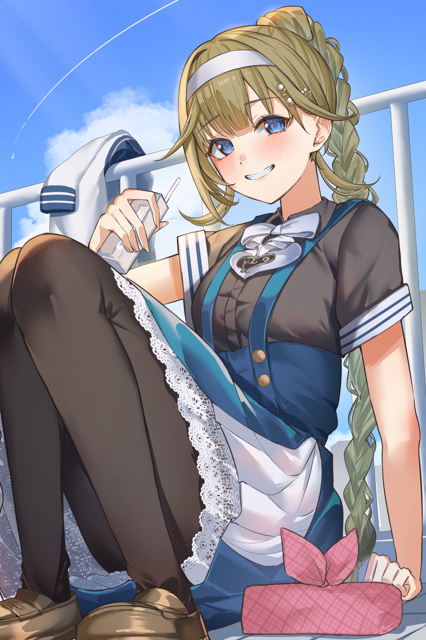 ringozeri, hanabusa lisa, vspo!, highres, 1girl, black pantyhose, black shirt, blue sky, braid, brown shoes, clenched teeth, cloud, grin, holding, holding milk carton, loafers, long hair, long skirt, looking at viewer, lunchbox, milk carton, outdoors, pantyhose, shirt, shoes, short sleeves, sitting, skirt, sky, smile, solo, teeth, unworn clothes, virtual youtuber