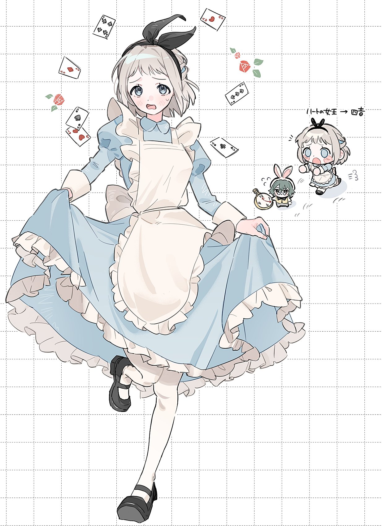 alice (alice in wonderland), katsuragi lilja, tsukimura temari, white rabbit (alice in wonderland), alice's adventures in wonderland, gakuen idolmaster, idolmaster, commentary, highres, 2girls, :o, alice (alice in wonderland) (cosplay), alternate costume, apron, black hairband, black shoes, blue dress, blue eyes, blue ribbon, blush, braid, card, chibi, chibi inset, cosplay, dotted line, dress, flower, frilled apron, frills, grey hair, grid background, hair ribbon, hairband, half up braid, juliet sleeves, long sleeves, mary janes, mimiss 33, multiple girls, pantyhose, petticoat, playing card, puffy sleeves, ribbon, ribbon braid, rose, running, shoes, short hair, sweatdrop, white apron, white pantyhose, white rabbit (alice in wonderland) (cosplay)