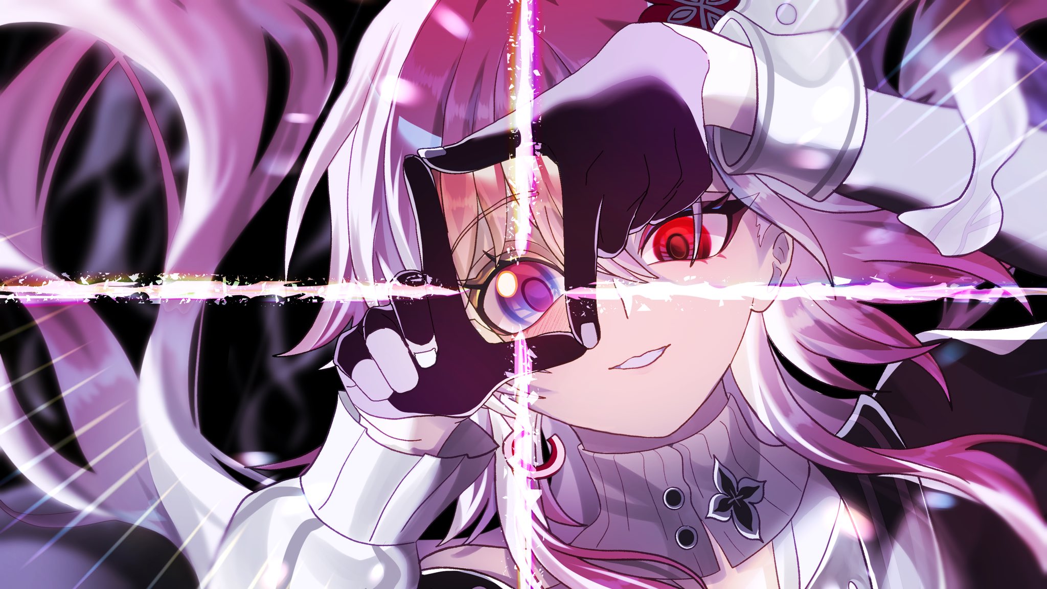 oekakidekinai1, evernight (honkai: star rail), march 7th (honkai: star rail), honkai: star rail, honkai (series), highres, 1girl, black gloves, blue eyes, earrings, finger frame, flower, gloves, hair flower, hair ornament, heterochromia, jewelry, long hair, pink hair, portrait, red eyes, smile, solo, split screen