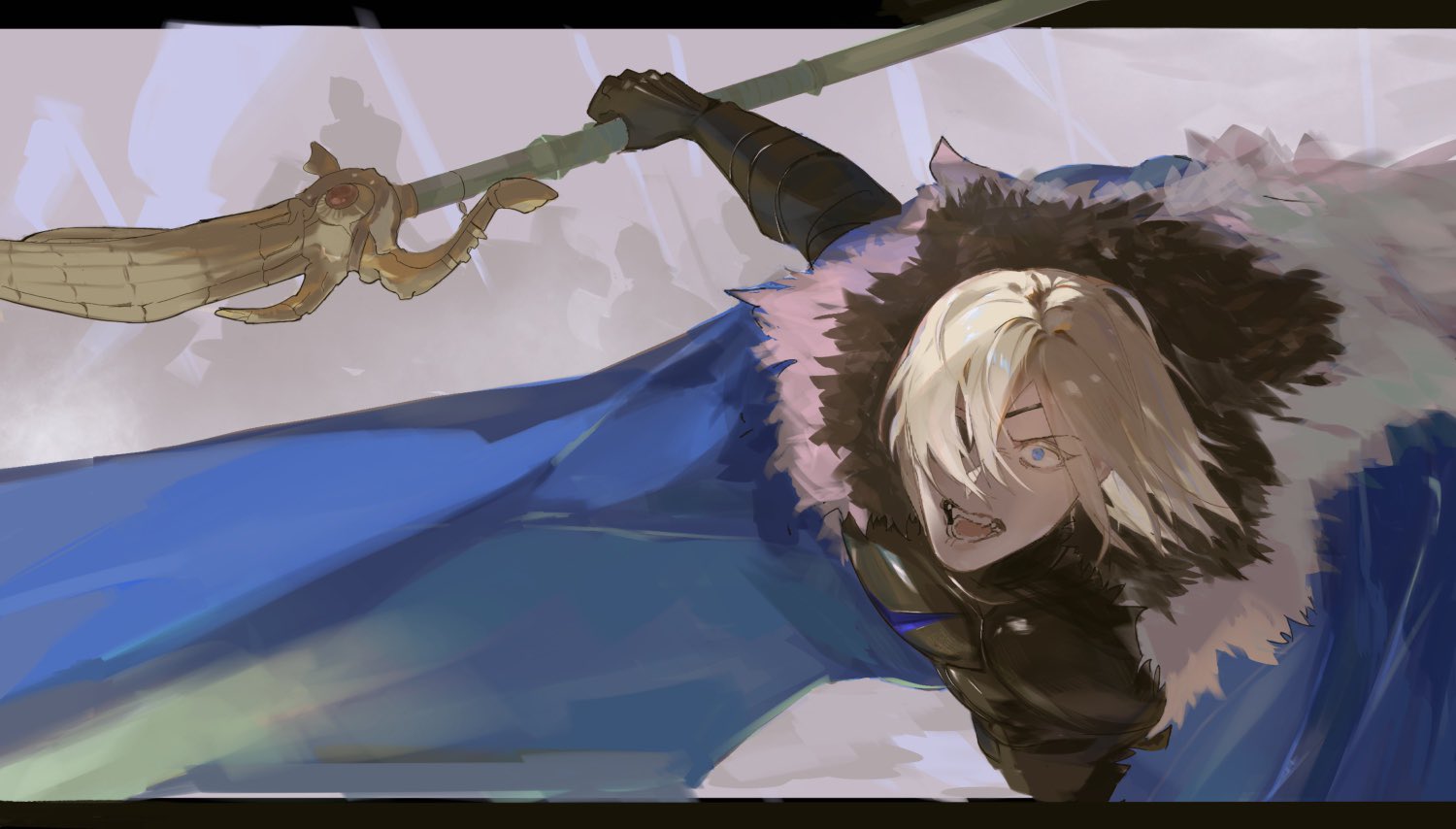 dimitri alexandre blaiddyd, dimitri alexandre blaiddyd (timeskip), fire emblem, fire emblem: three houses, nintendo, commentary request, 1boy, areadbhar (fire emblem), arm up, black fur, blonde hair, blue cape, blue eyes, cape, fur trim, hair over one eye, holding, holding polearm, holding weapon, letterboxed, male focus, morinoyoko12, one eye covered, open mouth, outstretched arm, parted hair, polearm, solo, teeth, tongue, weapon, white fur, wide-eyed