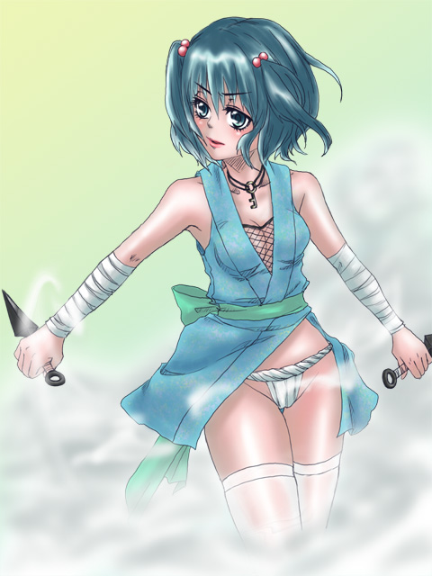 yuu (hi lite), kawashiro nitori, touhou, 1girl, alternate costume, arm wrap, breasts, cleavage, female focus, fundoshi, japanese clothes, kunai, medium breasts, ninja, smoke, solo, thighhighs, two side up, weapon