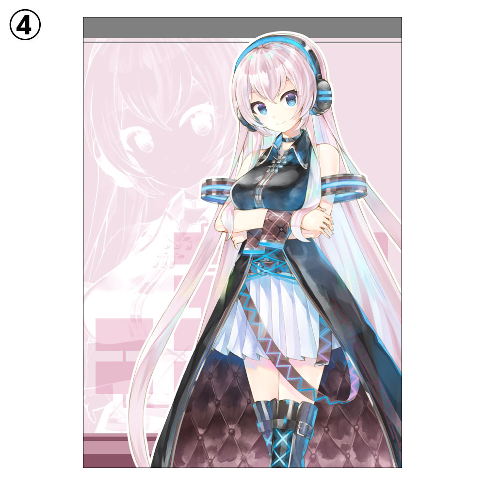 kei (keigarou), megurine luka, vocaloid, official art, second-party source, 1girl, armband, belt, black dress, blue eyes, blue nails, boots, cowboy shot, crossed arms, dress, headphones, lace-up boots, long dress, long hair, looking at viewer, megurine luka (if), miniskirt, neon trim, pink hair, pleated skirt, shoe belt, skirt, skirt under dress, sleeveless, sleeveless dress, smile, solo, split mouth, standing, thigh boots, two-sided dress, two-sided fabric, very long hair, white skirt, wrist cuffs, zoom layer