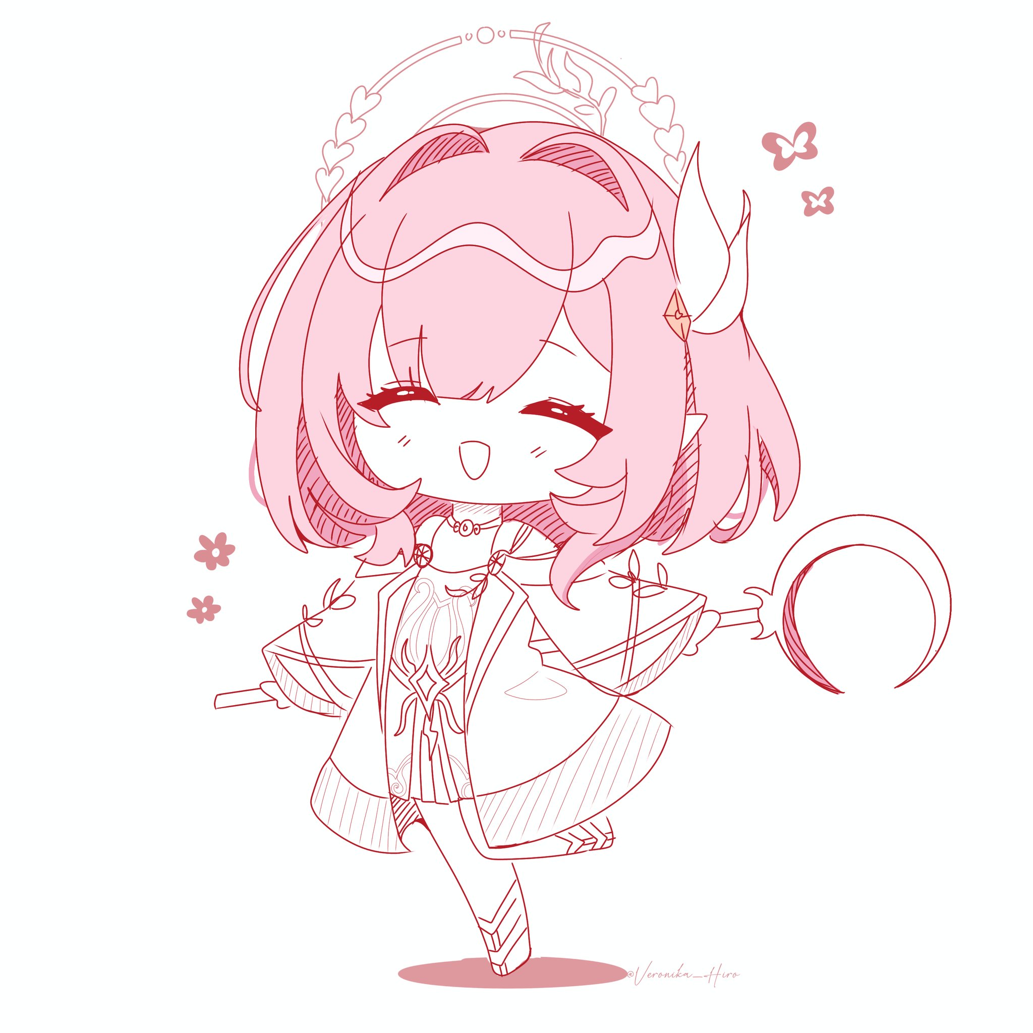 cyrene (honkai: star rail), honkai: star rail, honkai (series), commentary, highres, symbol-only commentary, 1girl, ceremonial blade (honkai: star rail), coat, cyrene (aedes elysiae) (honkai: star rail), dress, elf, hair ornament, halo, holding, holding staff, jewelry, necklace, open mouth, pink hair, pink theme, pointy ears, simple background, smile, solo, staff, veronika hir0