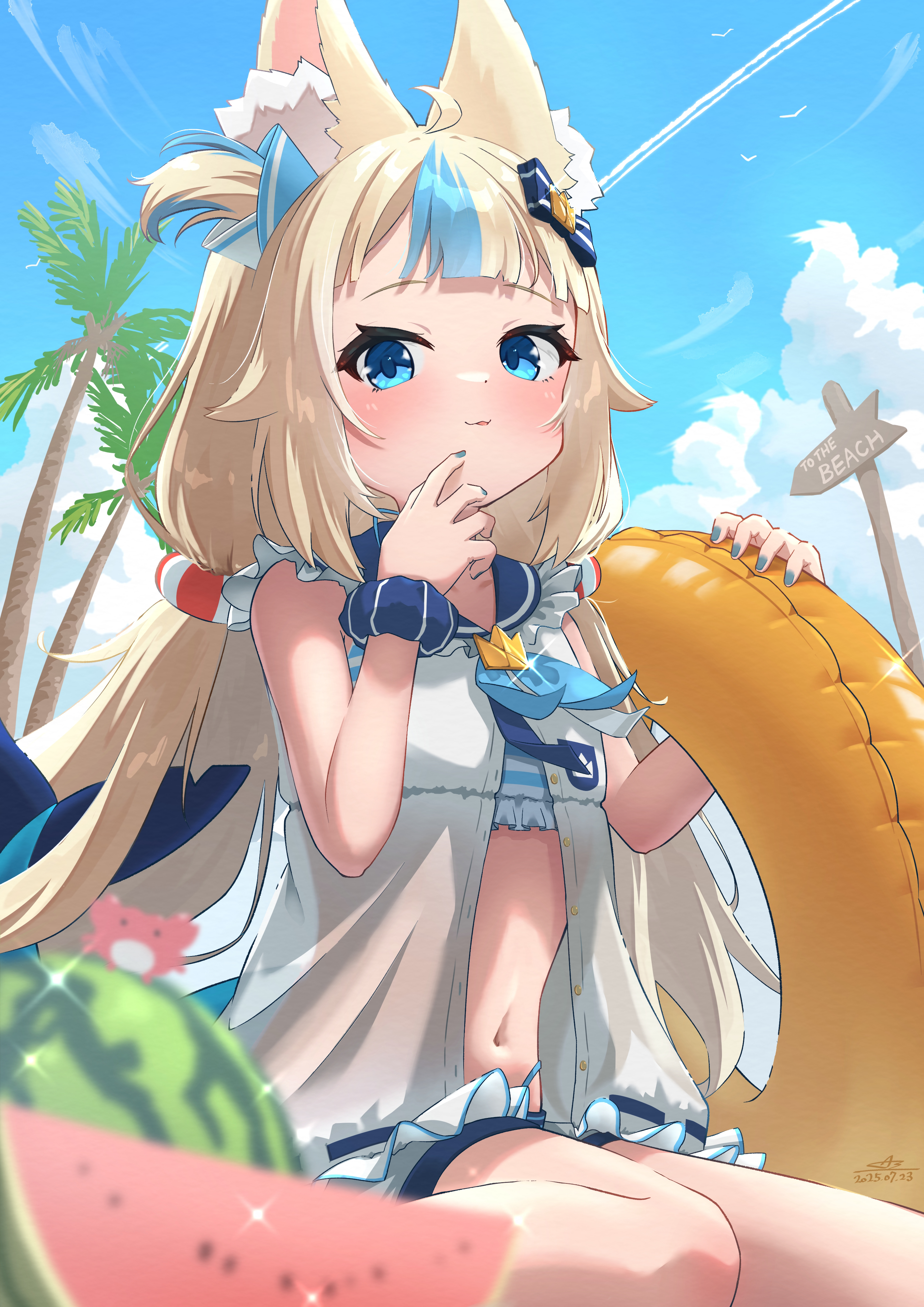 asanagi asu, sameko saba, indie virtual youtuber, absurdres, clip studio paint (medium), commentary request, highres, making-of available, 1girl, ahoge, animal ears, bare shoulders, blonde hair, blue eyes, blue nails, blue sailor collar, blue sky, blue streaks, blunt bangs, blurry, cat ears, contrail, depth of field, food, fruit, holding, holding swim ring, innertube, lifebuoy hair ornament, long hair, looking at viewer, low twintails, midriff, multicolored hair, navel, outdoors, palm tree, parted lips, sailor collar, sitting, sky, smile, solo, streaked hair, swim ring, tree, twintails, two-tone hair, virtual youtuber, watermelon