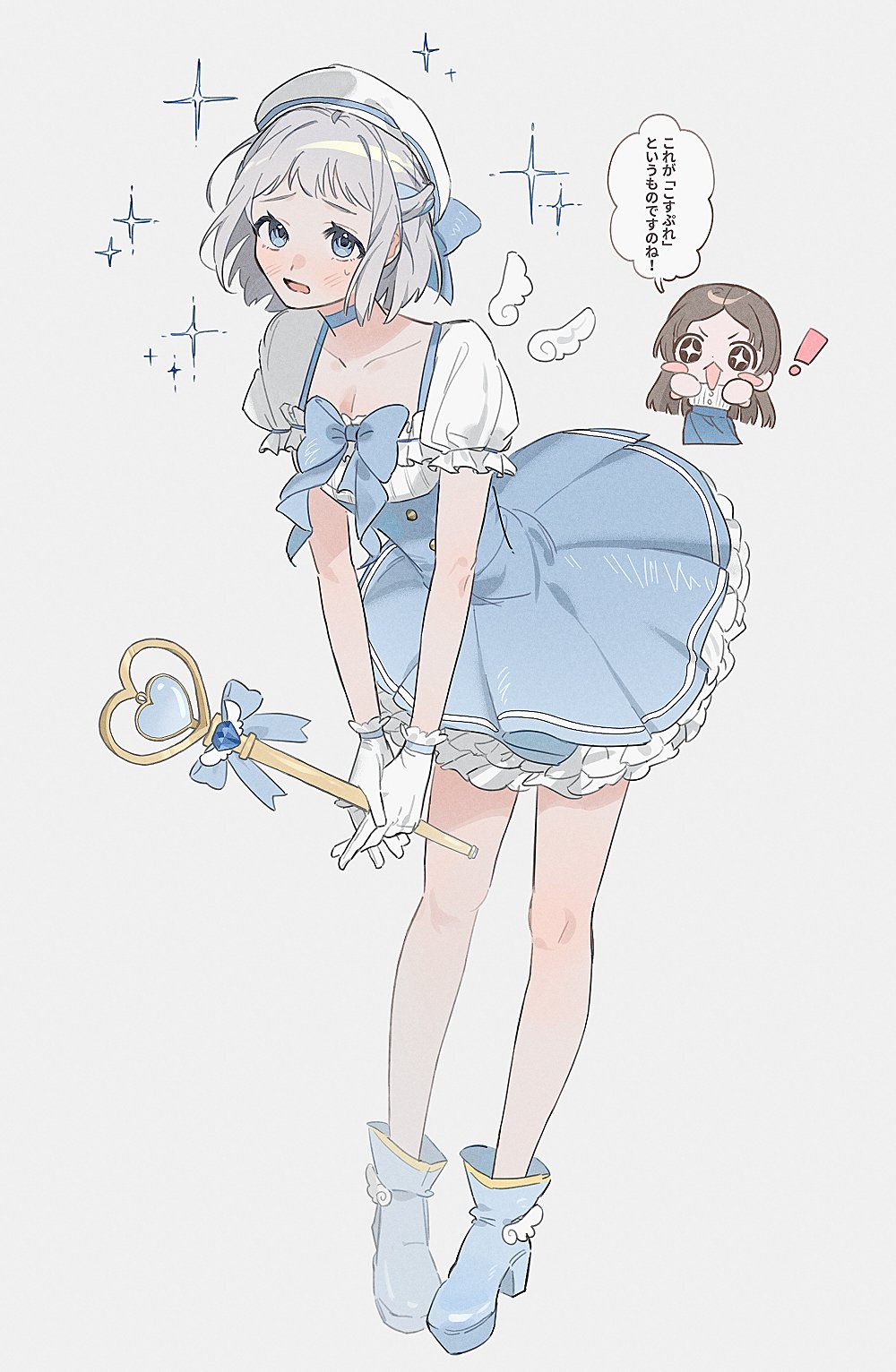 katsuragi lilja, kuramoto china, gakuen idolmaster, idolmaster, commentary request, highres, translation request, !, 2girls, alternate costume, bare legs, beret, blue choker, blue dress, blue eyes, blue ribbon, blue shoes, braid, breasts, chibi, chibi inset, choker, collarbone, detached wings, dress, gloves, grey hair, hair ribbon, half up braid, hat, holding, holding wand, leaning forward, looking at viewer, magical girl, mimiss 33, multiple girls, platform shoes, ribbon, ribbon braid, shirt, shoes, short sleeves, simple background, small breasts, sparkle, sparkling eyes, speech bubble, wand, white gloves, white hat, white shirt, white wings, wings