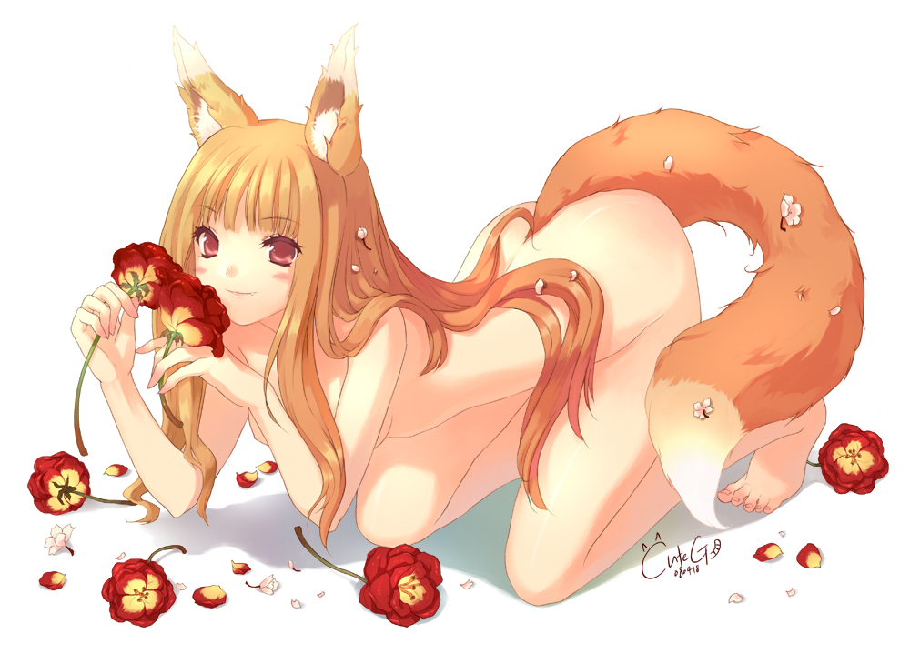 cuteg, holo, spice and wolf, bad id, bad pixiv id, 00s, 1girl, animal ears, barefoot, brown hair, fang, female focus, flower, long hair, nude, red eyes, solo, tail, wolf ears, wolf tail
