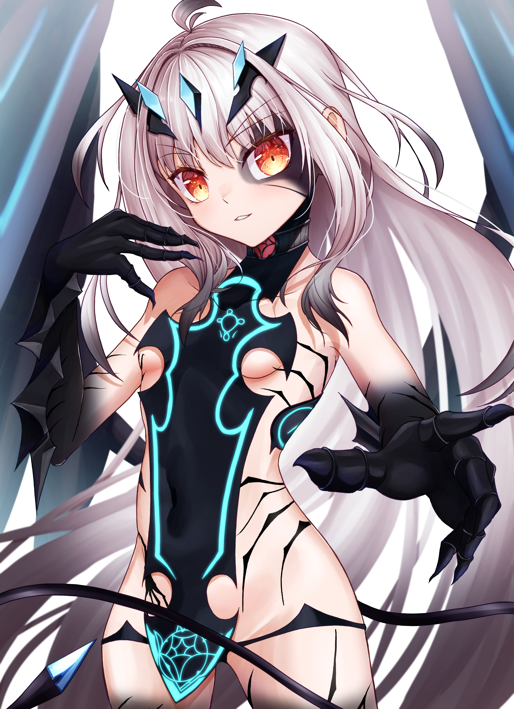 ilsa34660285, melusine (fate), melusine (third ascension) (fate), fate/grand order, fate (series), absurdres, highres, 1girl, bare shoulders, black panties, blush, body markings, breasts, dragon wings, forked eyebrows, grin, long hair, looking at viewer, outstretched arm, panties, revealing clothes, sideboob, sidelocks, small breasts, smile, solo, tail, thighs, underwear, white hair, wings, yellow eyes