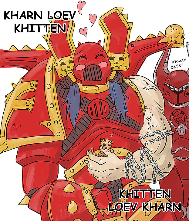 adeptus astartes, chaos space marine, kharn, khorne, warhammer 40k, 2boys, baby animal, cat, english text, kitten, multiple boys