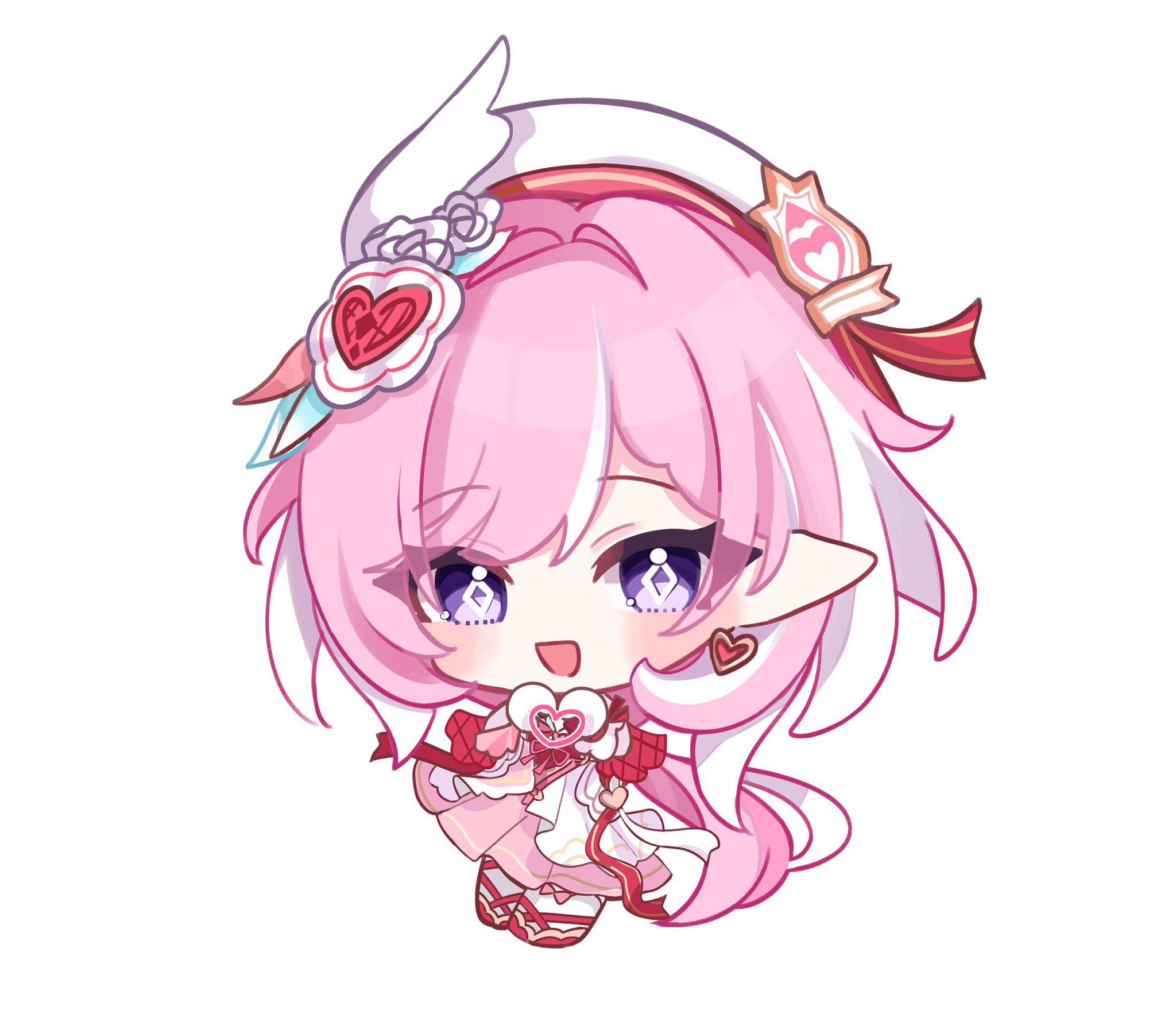 tdatnst, elysia (hi elf of love) (honkai impact), elysia (honkai impact), honkai (series), honkai impact 3rd, highres, 1girl, beret, chibi, chibi only, diamond-shaped pupils, diamond (shape), dress, earrings, elf, hat, heart, heart earrings, heart hands, jewelry, long hair, multicolored hair, pink dress, pink hair, pointy ears, purple eyes, simple background, smile, solo, symbol-shaped pupils, two-tone dress, two-tone hair, very long hair, white background, white dress, white hair