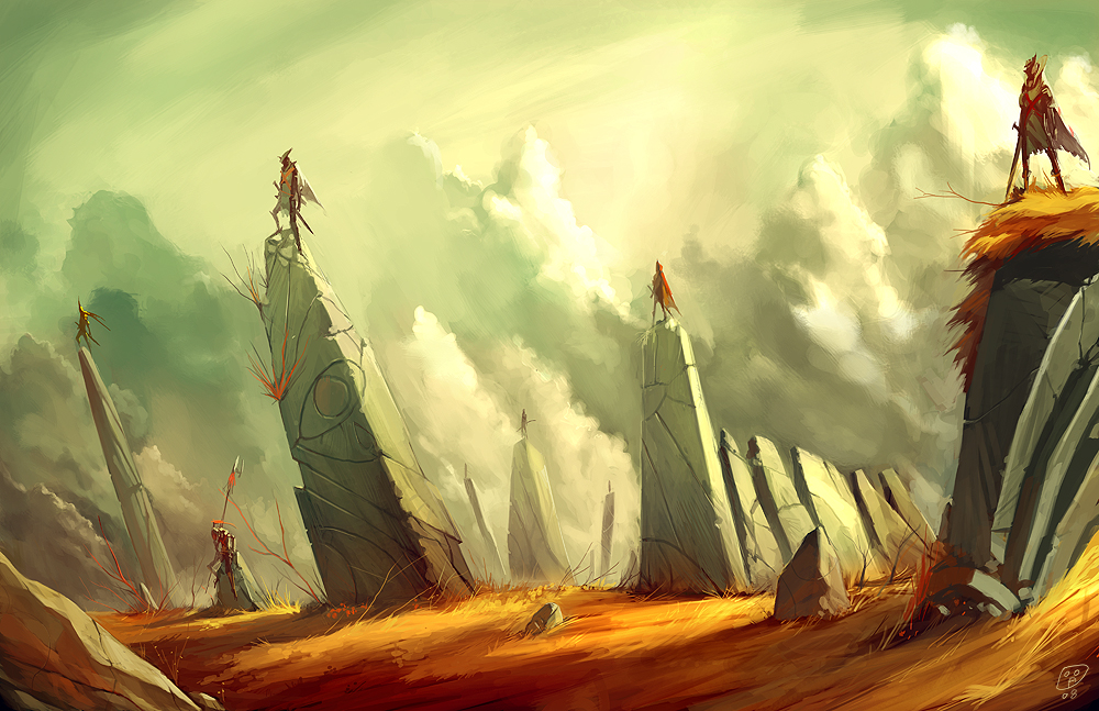 robert kim, original, bad id, bad pixiv id, 6+boys, cloud, male focus, multiple boys, pillar, polearm, ruins, scenery, soldier, spear, weapon