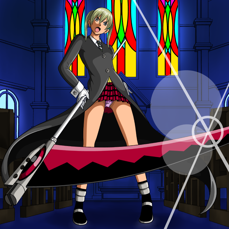 nike (0306), maka albarn, soul eater, bad id, bad pixiv id, 00s, blonde hair, church, panties, pantyshot, plaid clothes, plaid skirt, scythe, short hair, skirt, solo, twintails, underwear