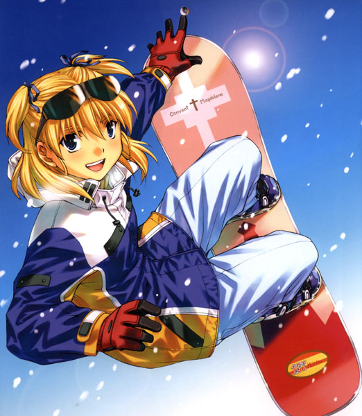 moriyama daisuke, rosette christopher, chrno crusade, official art, official wallpaper, 1girl, :d, blonde hair, blue eyes, blush, breath, dutch angle, eyewear on head, female focus, gloves, hair ribbon, jacket, jumping, lens flare, open mouth, outdoors, ribbon, short hair, short twintails, sky, smile, snow, snowboard, solo, sunglasses, twintails