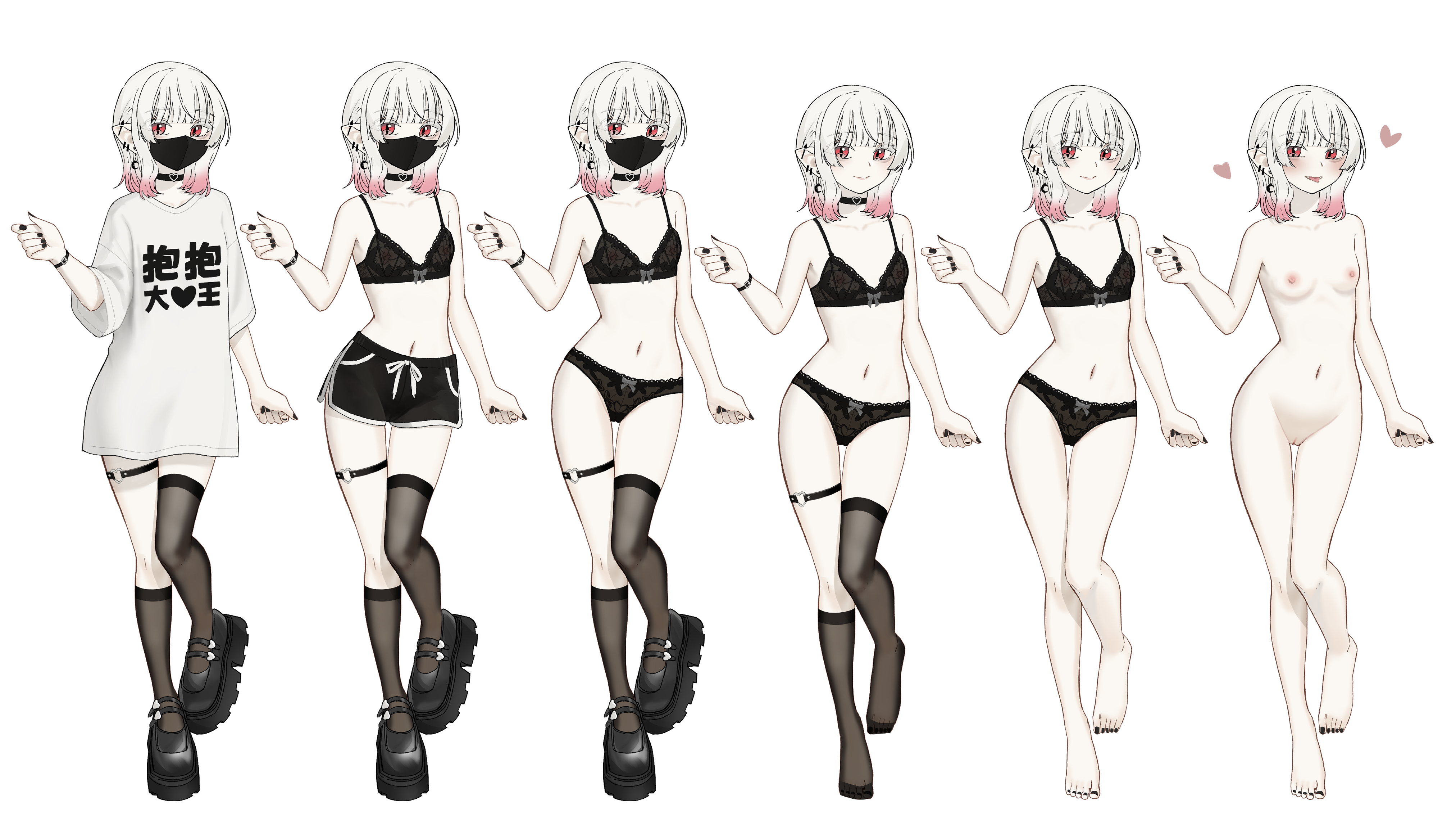 sakurano megumi, sakurano megumi (character), original, absurdres, commentary request, highres, 1girl, barefoot, black bra, black choker, black nails, black panties, blunt bangs, blush, bow, bow bra, bra, breasts, choker, clothes writing, completely nude, dolphin shorts, earrings, fangs, hand up, heart, heart o-ring, jewelry, kneehighs, looking at viewer, mask, medium hair, mouth mask, multicolored hair, multiple views, nail polish, navel, nipples, nude, o-ring, o-ring thigh strap, panties, platform shoes, pointy ears, red eyes, red hair, shirt, short sleeves, shorts, single kneehigh, single sock, single thighhigh, slit pupils, small breasts, socks, t-shirt, thigh strap, thighhighs, toenail polish, toenails, tongue, tongue out, underwear, white hair, white shirt, wide sleeves