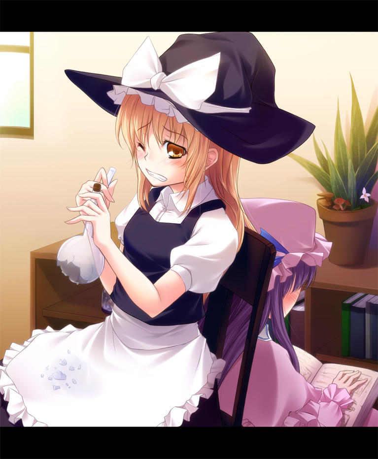 hinoeya kiuri, kazakura, kirisame marisa, patchouli knowledge, touhou, bad id, bad pixiv id, 2girls, apron, back-to-back, blonde hair, blush, book, broken, clenched teeth, female focus, flask, hat, letterboxed, long hair, multiple girls, mushroom, one eye closed, open book, plant, potted plant, purple hair, reading, ribbon, round-bottom flask, sitting, teeth, waist apron, wince, wink, witch, witch hat