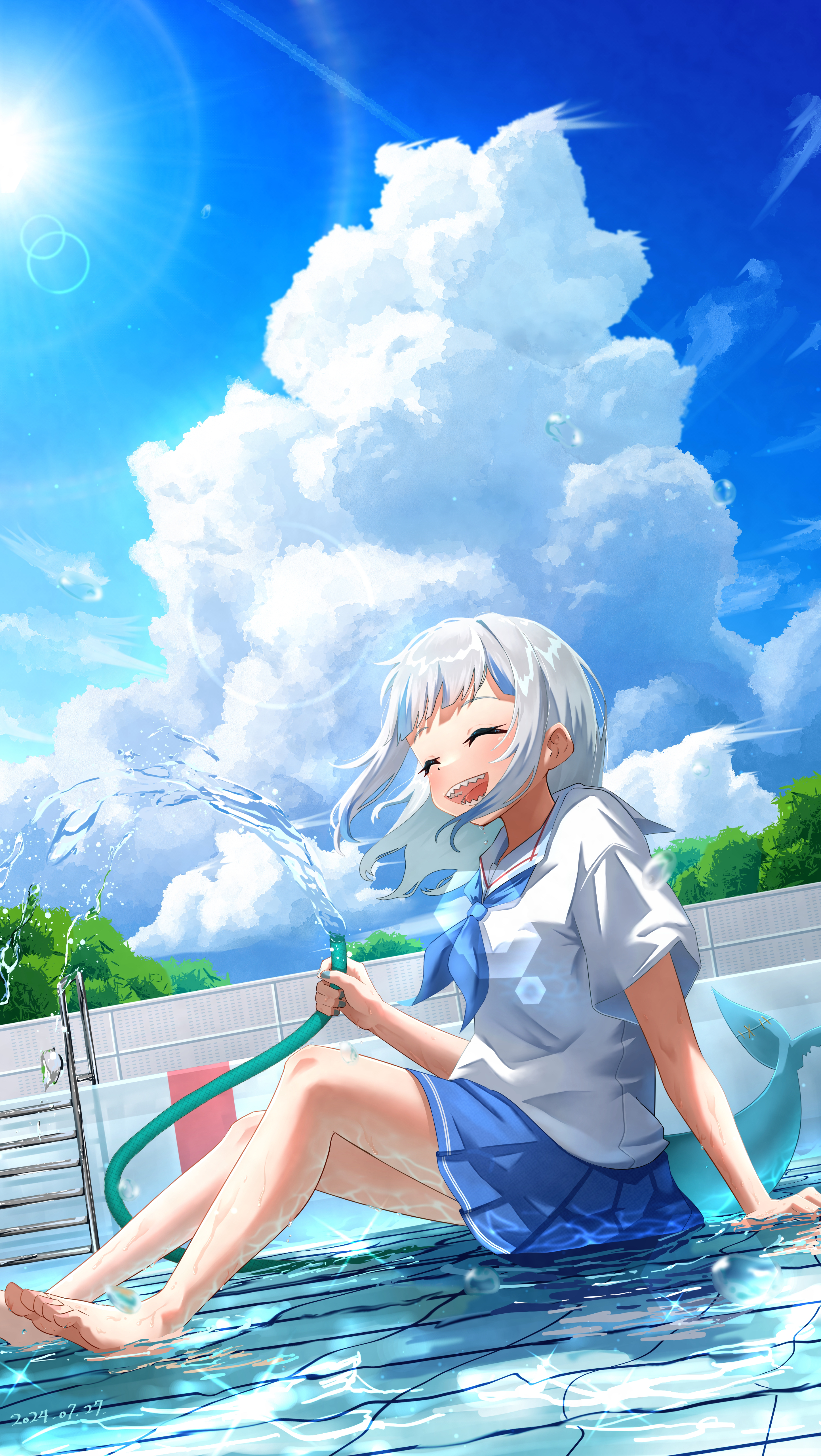 asanagi asu, gawr gura, gawr gura (school uniform), hololive, absurdres, commentary request, highres, 1girl, barefoot, blue neckerchief, blue skirt, blue sky, blue streaks, closed eyes, cloud, cumulonimbus cloud, dated, day, fins, fish tail, from side, holding, holding hose, hose, knees up, lens flare, medium hair, multicolored hair, neckerchief, on floor, open mouth, outdoors, pool, pool ladder, school uniform, serafuku, shark tail, sharp teeth, shirt, short sleeves, sitting, skirt, sky, smile, solo, streaked hair, summer, sunlight, tail, teeth, two-tone hair, virtual youtuber, water, white hair, white shirt