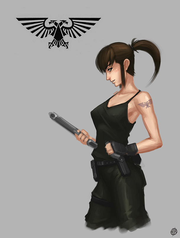 ironshrinemaiden, aquila, astra militarum, warhammer 40k, 1girl, bare shoulders, belt, brown eyes, brown hair, female focus, fingerless gloves, gloves, gun, handgun, pistol, ponytail, solo, tank top, tattoo, weapon