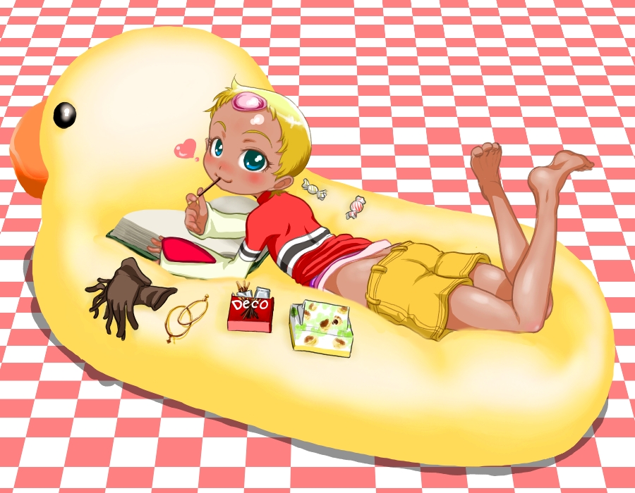 boro, chat (tales), tales of (series), tales of eternia, 00s, 1girl, barefoot, blonde hair, blue eyes, blush, book, child, dark-skinned female, dark skin, feet, female focus, food, gloves, heart, lying, pocky, red shirt, rubber duck, shirt, short hair, smile, soles, solo