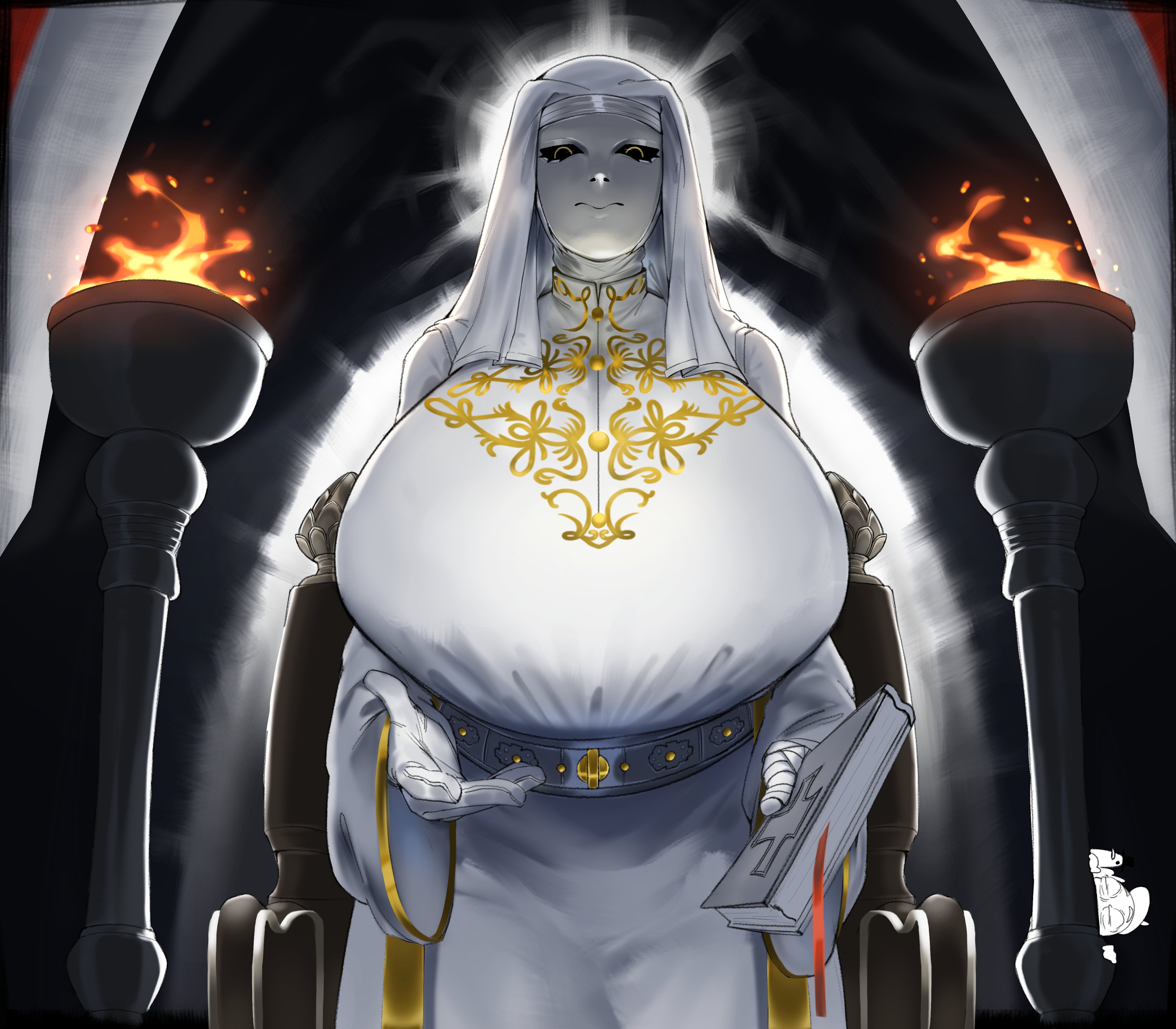 king baldwin iv, kingdom of heaven, absurdres, highres, 1girl, bible (object), breasts, genderswap, genderswap (mtf), gloves, grey mask, hand up, huge breasts, indoors, looking at viewer, monkey draw, solo, tented shirt, torch, white gloves