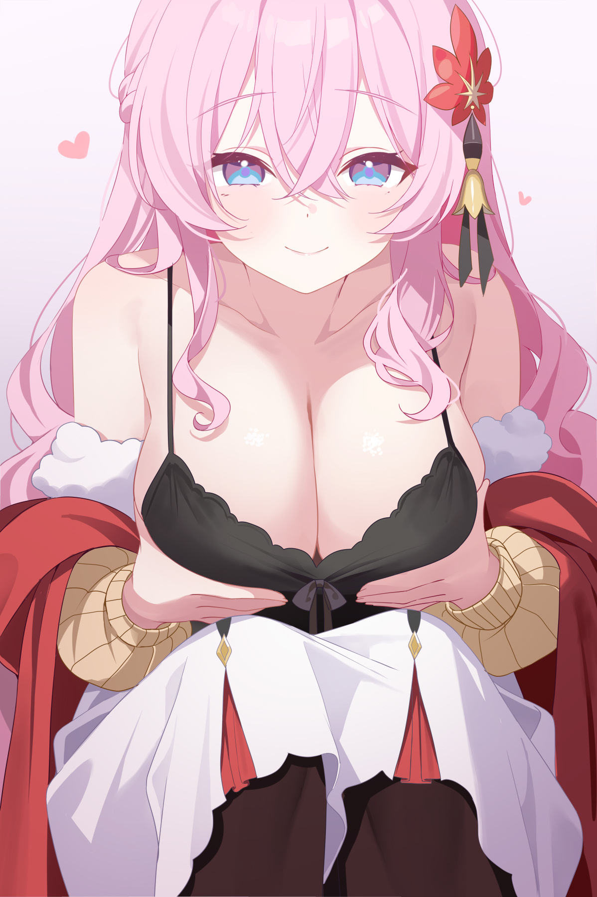 deyui, stella sora, commentary request, highres, 1girl, bare shoulders, black camisole, black pantyhose, blue eyes, breasts, brown sleeves, camisole, cleavage, closed mouth, crossed bangs, detached sleeves, fur-trimmed sleeves, fur trim, grabbing own breast, hair between eyes, head tilt, kaede (stella sora), large breasts, long hair, looking at viewer, maple leaf hair ornament, off shoulder, pantyhose, pink hair, red shawl, ribbed sleeves, shawl, sidelocks, simple background, sitting, skirt, smile, solo, straight-on, white background, white skirt