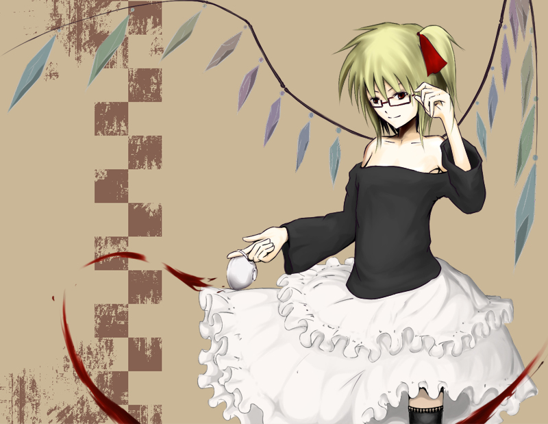 rayz, flandre scarlet, touhou, bad id, bad pixiv id, 1girl, adjusting eyewear, bespectacled, blonde hair, cup, female focus, glasses, ponytail, ribbon, short hair, solo, standing, thighhighs, wings