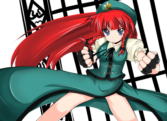 mad (hazukiken), mad (pixiv), hong meiling, immaterial and missing power, touhou, 1girl, breasts, china dress, chinese clothes, dress, female focus, hat, long hair, red hair, ribbon, skirt, solo, white background