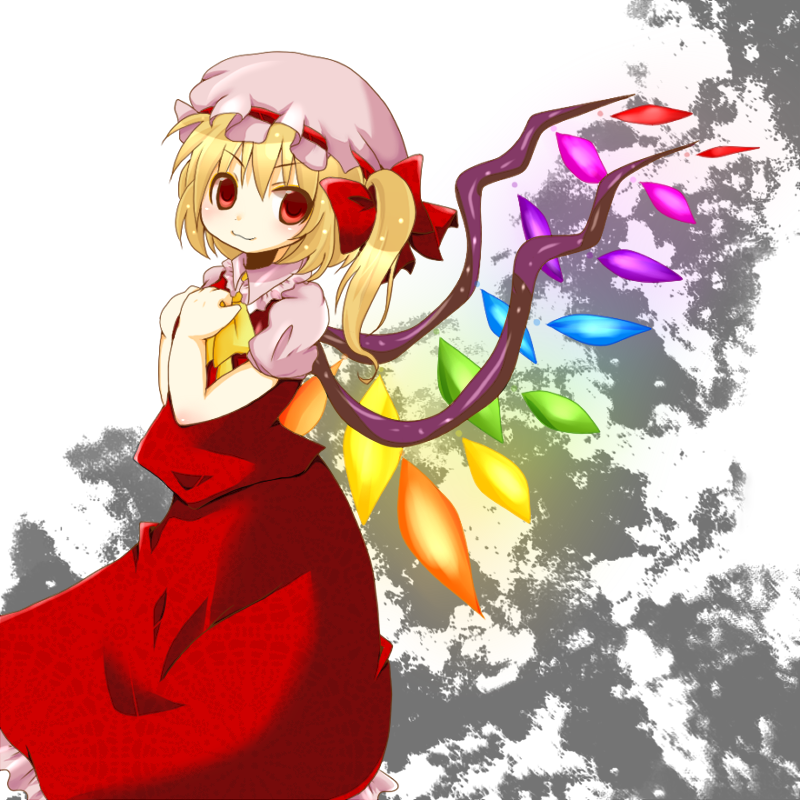 metaru maccha, flandre scarlet, touhou, bad id, bad pixiv id, 1girl, blonde hair, blouse, collared shirt, female focus, grey background, hair between eyes, hat, mob cap, ponytail, ribbon, shirt, short hair, solo, standing, white background, white hat, white shirt, wings